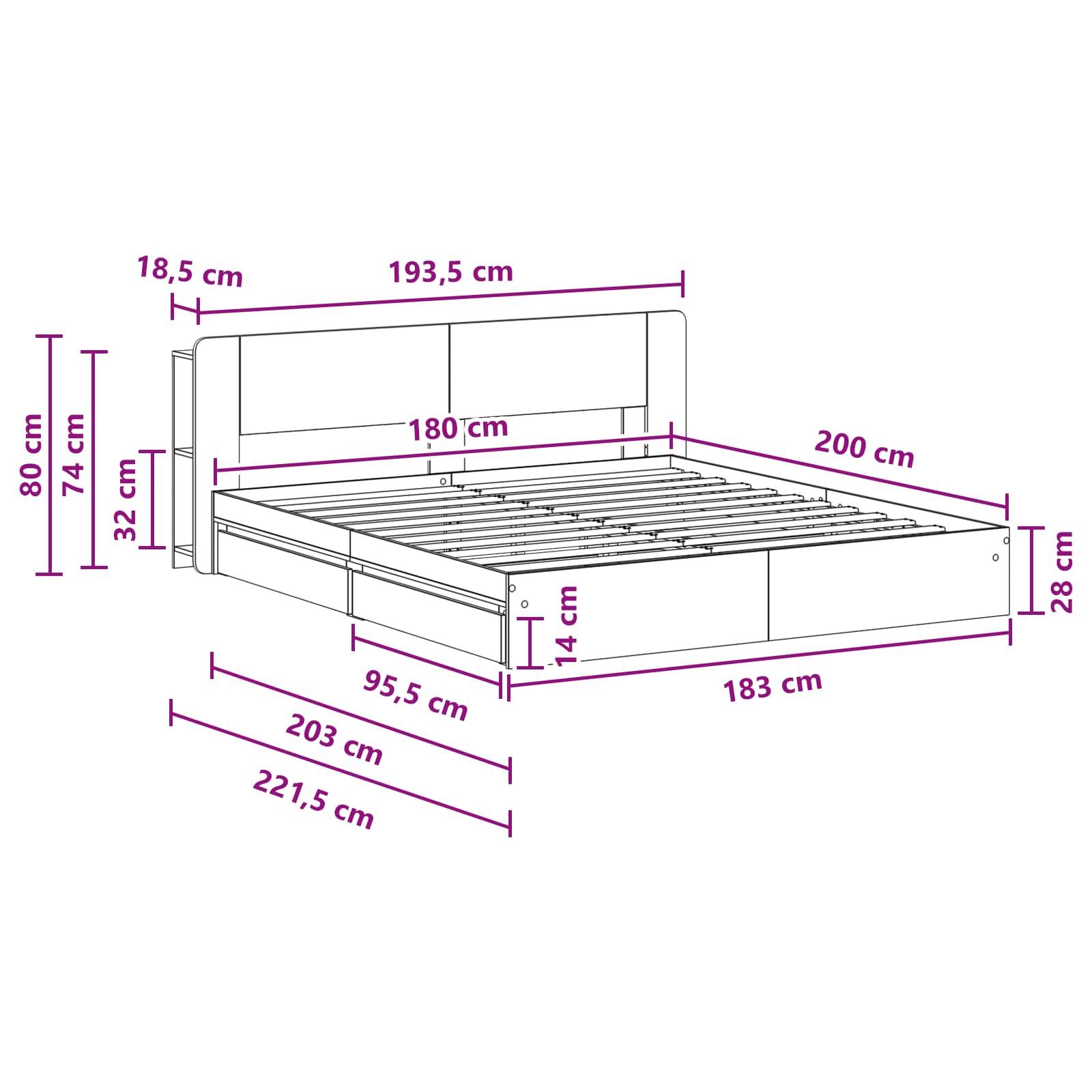 vidaXL Bettgestell mit Stauraum Grau Sonoma 180 x 200 cm Holzwerkstoff
