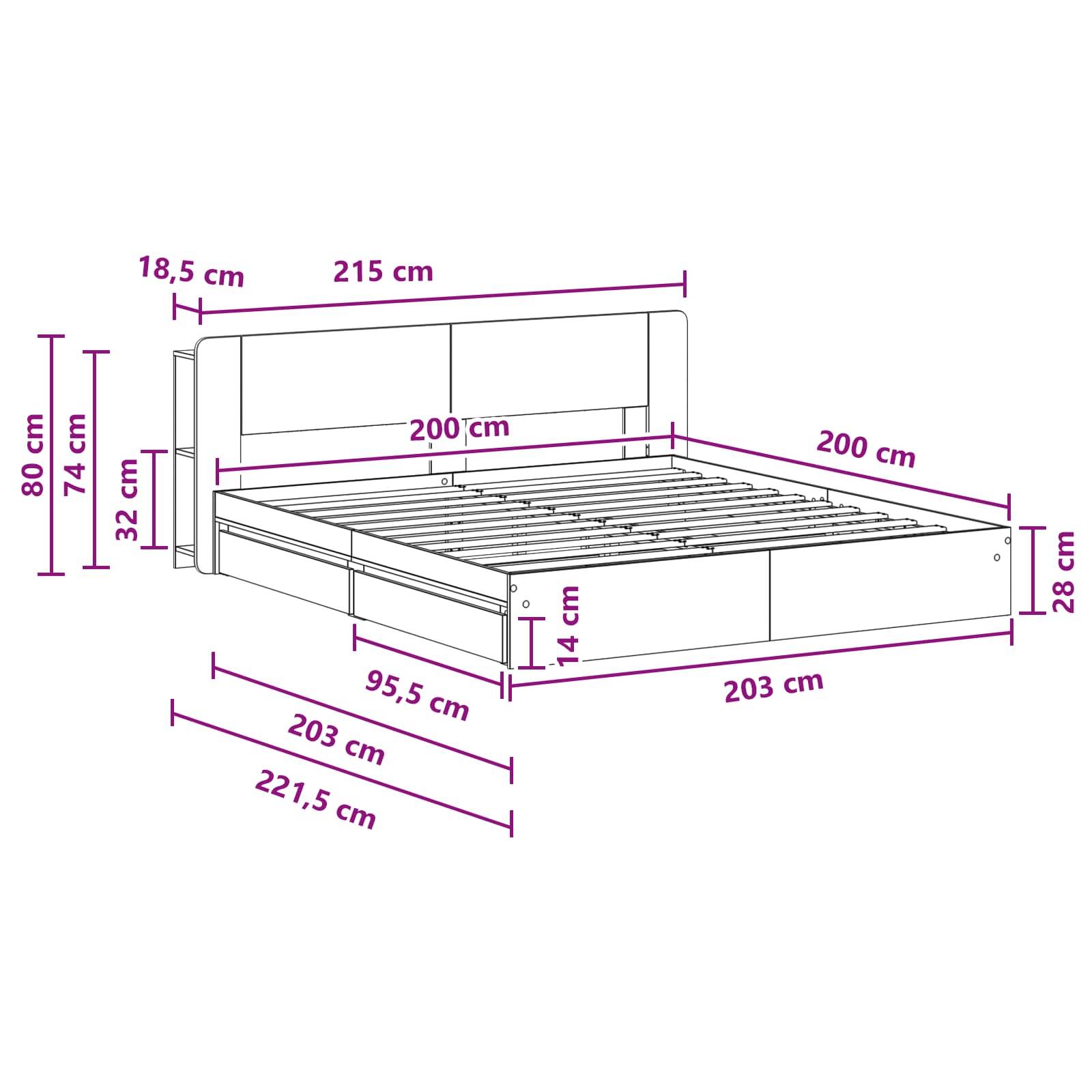 vidaXL Bettgestell mit Stauraum Grau Sonoma 200 x 200 cm Holzwerkstoff