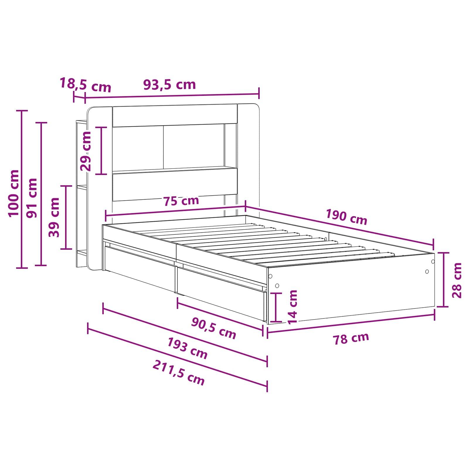 vidaXL Bettgestell mit Stauraum Sonoma-Eiche 75 x 190 cm Holzwerkstoff