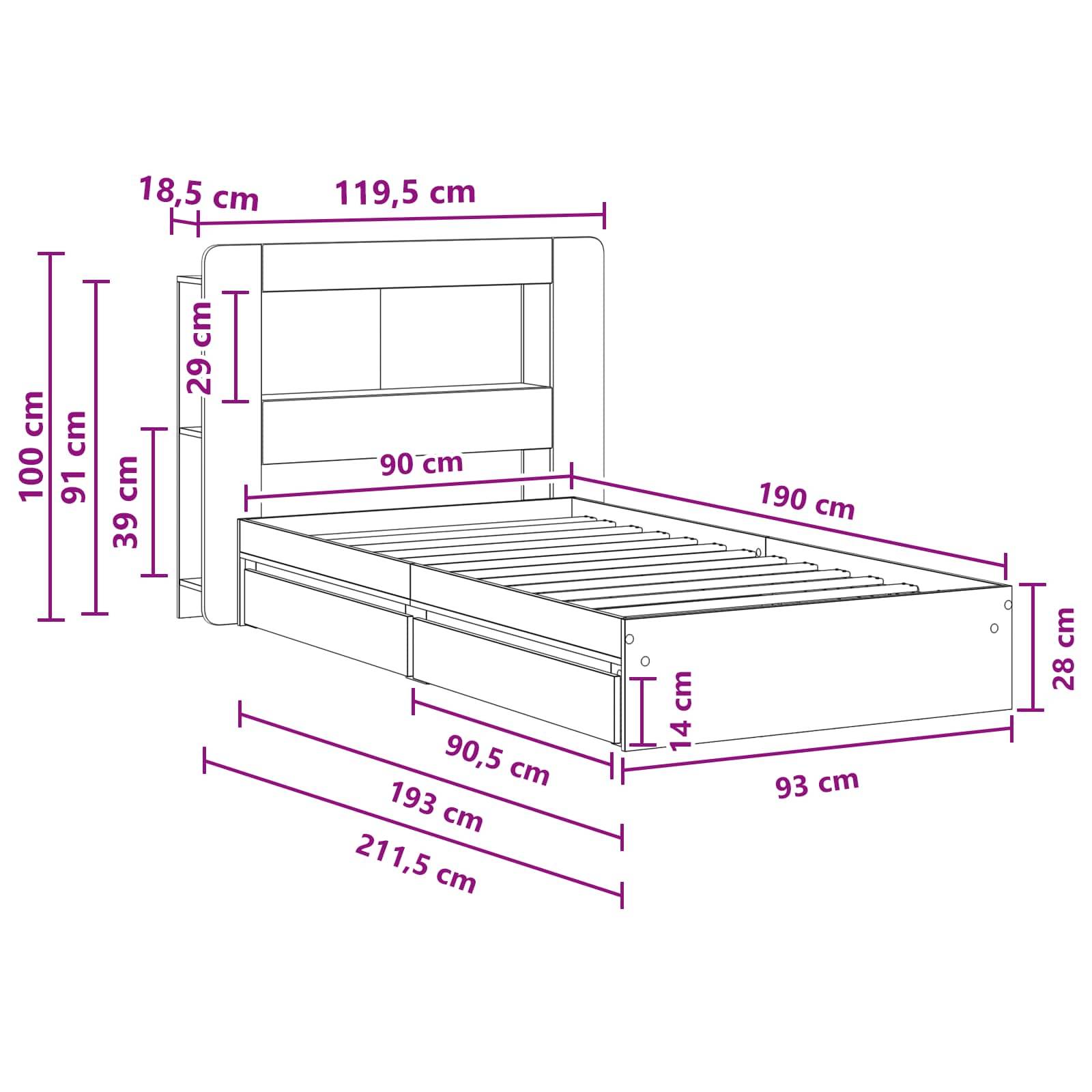 vidaXL Bettgestell mit Stauraum Grau Sonoma 90 x 190 cm Holzwerkstoff