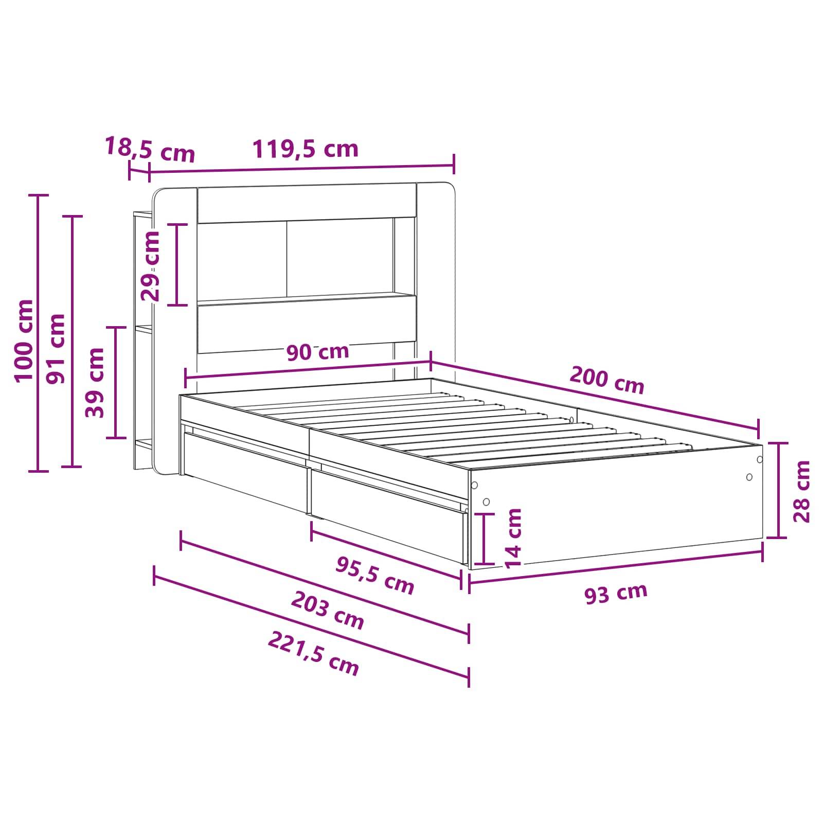 vidaXL Bettgestell mit Stauraum Sonoma-Eiche 90 x 200 cm Holzwerkstoff