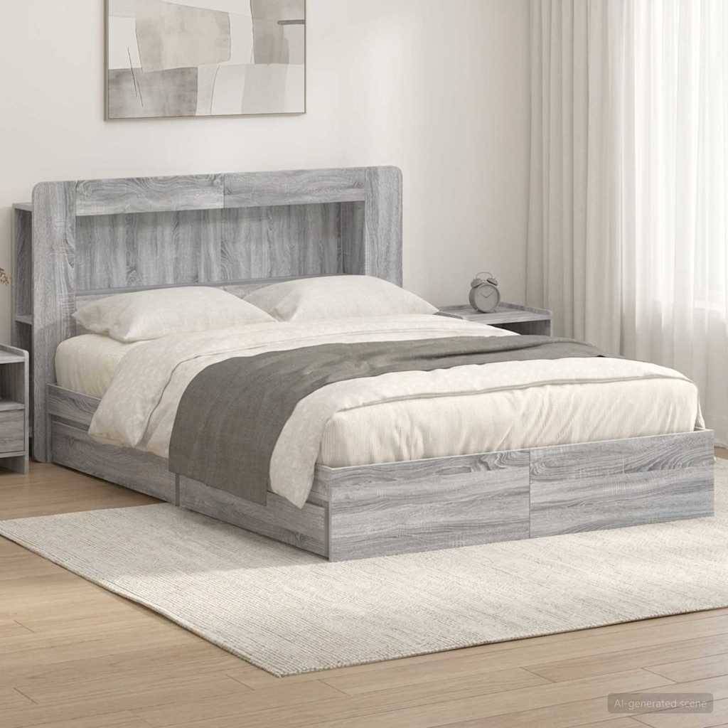 Grau gemaserte Bettkante mit weißer Bettwäsche in einem hellen, minimalistischen Schlafzimmer, gezeigt mit passenden Nachttischen und einem hellen Flächenteppich.