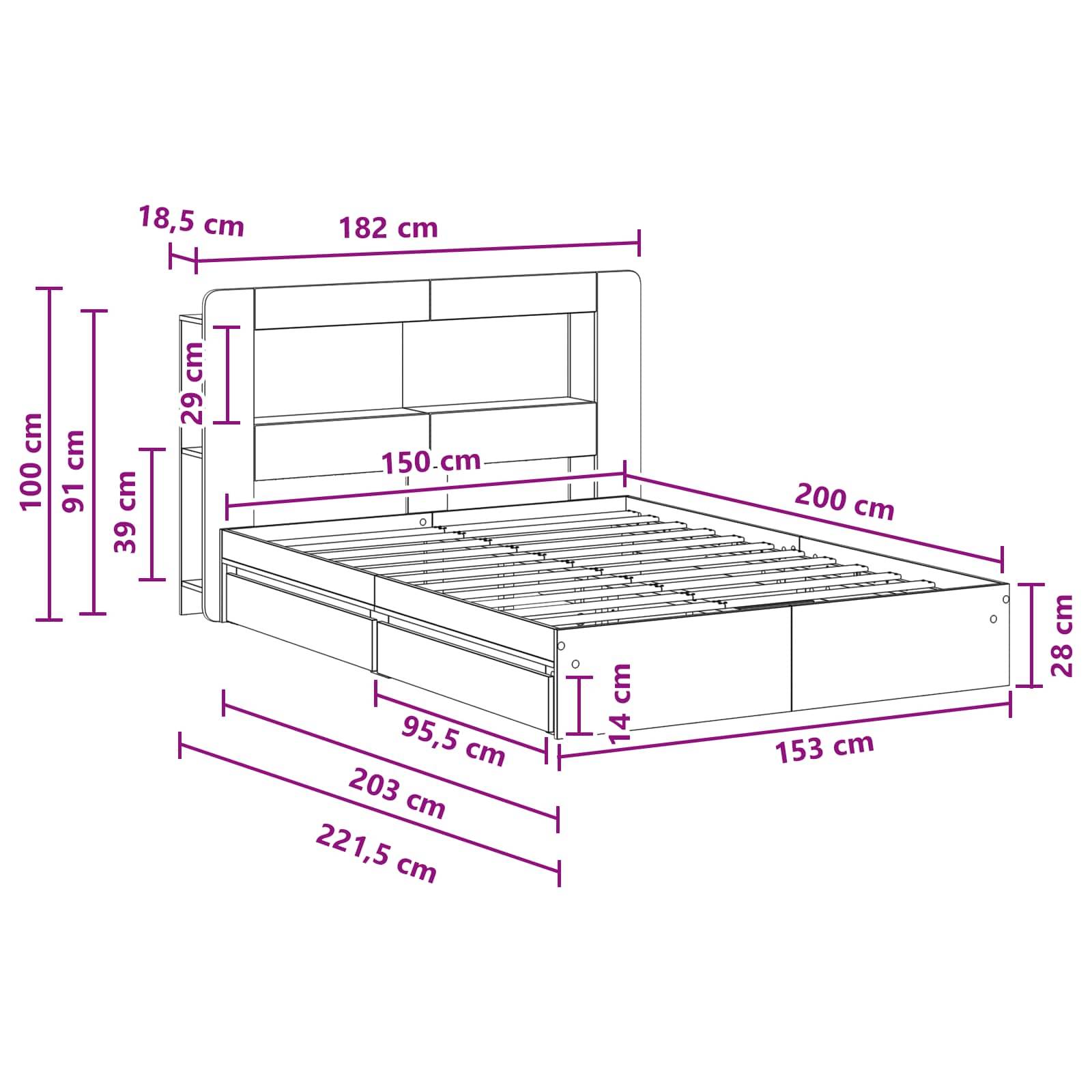 vidaXL Bettgestell mit Stauraum Betongrau 150 x 200 cm Holzwerkstoff