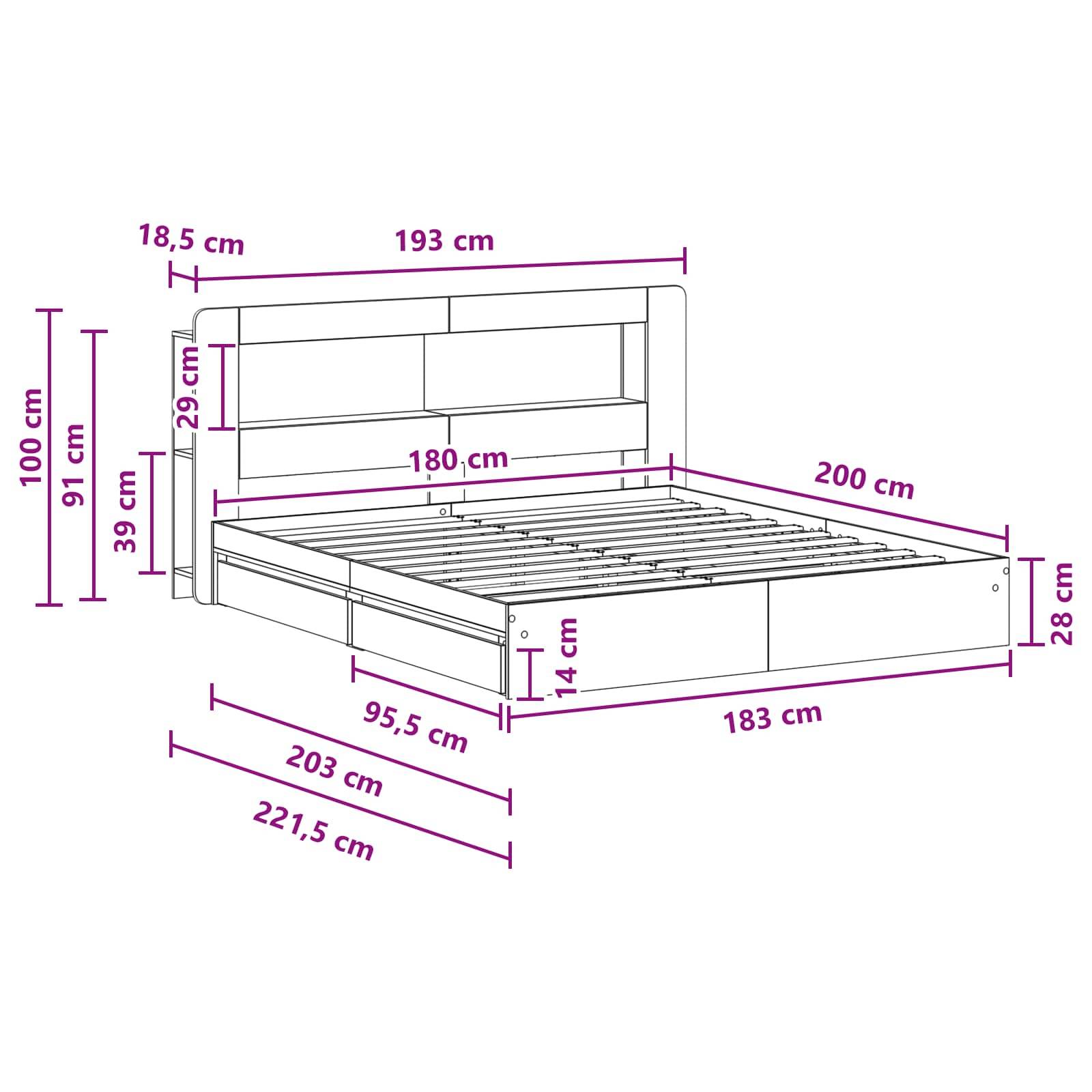vidaXL Bettgestell mit Stauraum Grau Sonoma 180 x 200 cm Holzwerkstoff