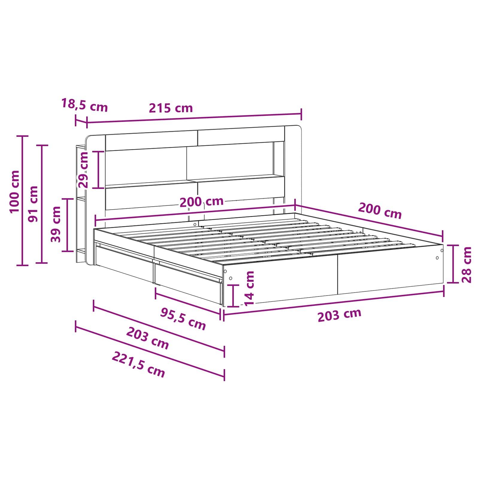 vidaXL Bettgestell mit Stauraum Betongrau 200 x 200 cm Holzwerkstoff
