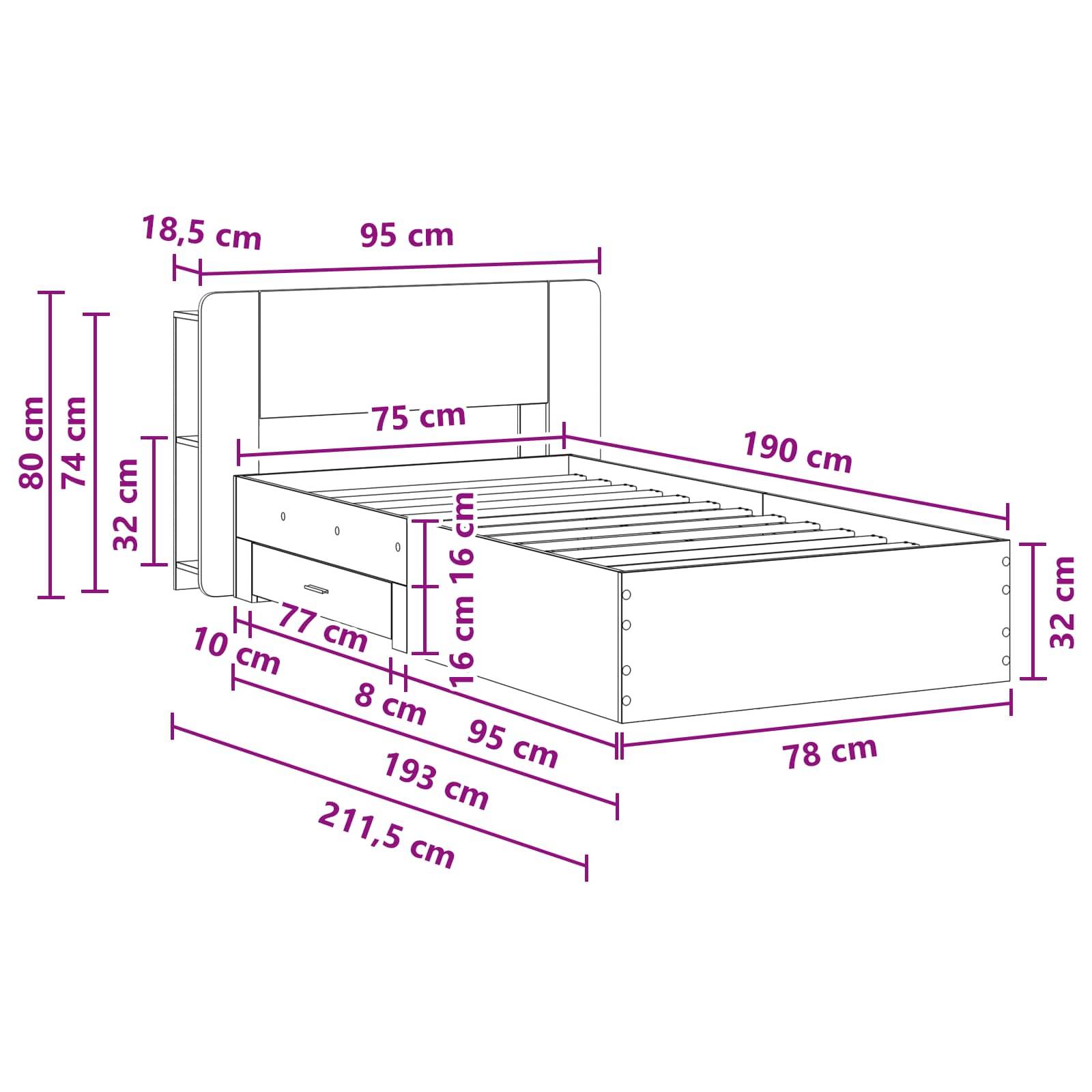 vidaXL Bettgestell mit Stauraum Schwarz 75 x 190 cm Holzwerkstoff