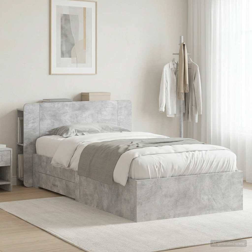 Modernes Schlafzimmer mit grauem gepolstertem Bett, weißer Bettwäsche, Wandkunst und einer Garderobe neben durchsichtigen Gardinen in einem hellen, minimalistischen Zimmer.
