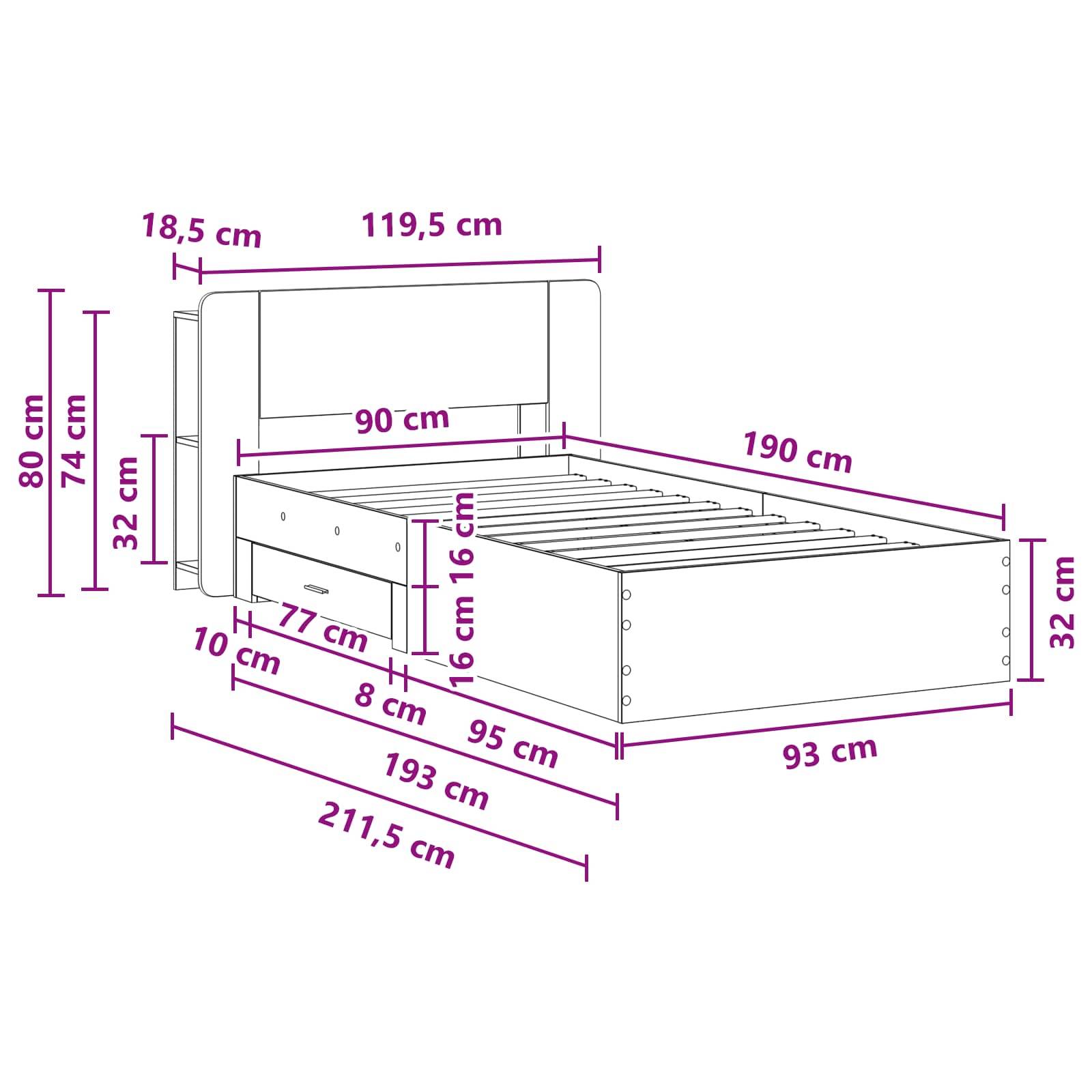 vidaXL Bettgestell mit Stauraum mit Kopfteil Artisan-Eiche 90 x 190 cm