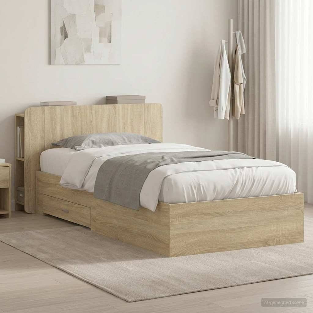 Helles Holz-Einzelbett mit Lagerschubladen, ordentlich gemacht mit weißer und grauer Bettwäsche, in einem minimalistischen Schlafzimmer