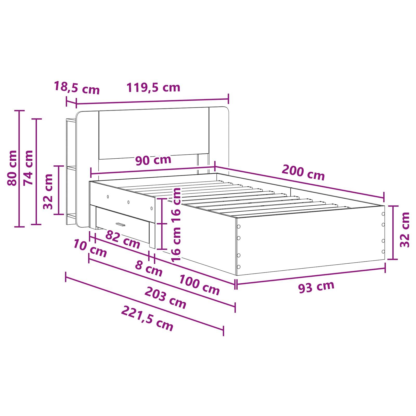 vidaXL Bettgestell mit Stauraum mit Kopfteil Artisan-Eiche 90 x 200 cm
