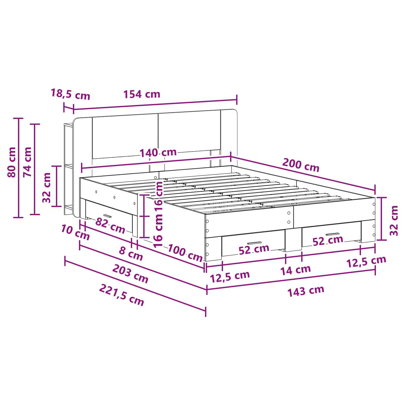 vidaXL Bettgestell mit Stauraum Grau Sonoma 140 x 200 cm Holzwerkstoff
