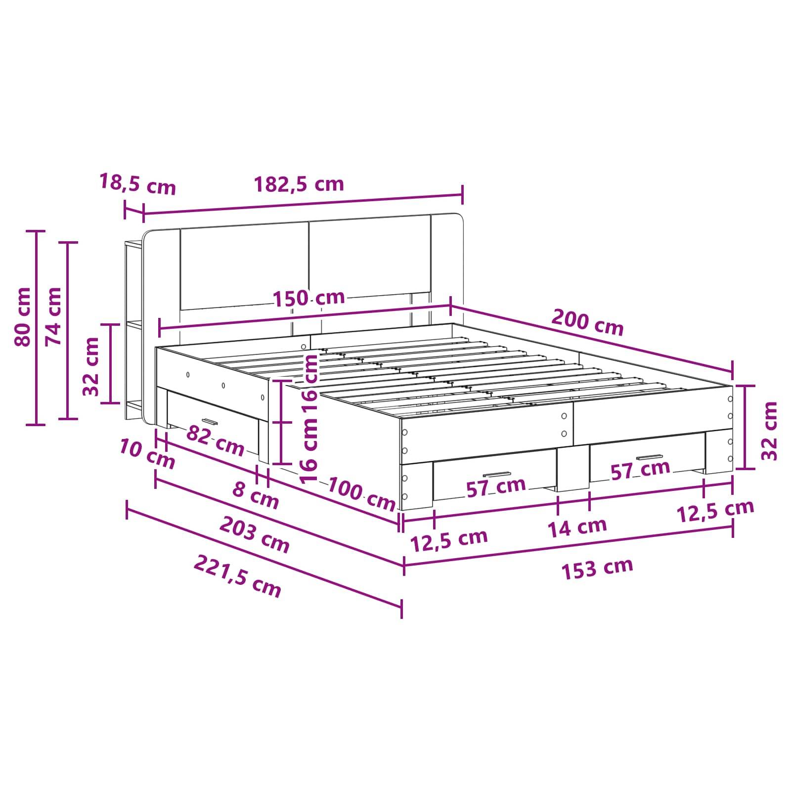 vidaXL Bettgestell mit Stauraum Betongrau 150 x 200 cm Holzwerkstoff