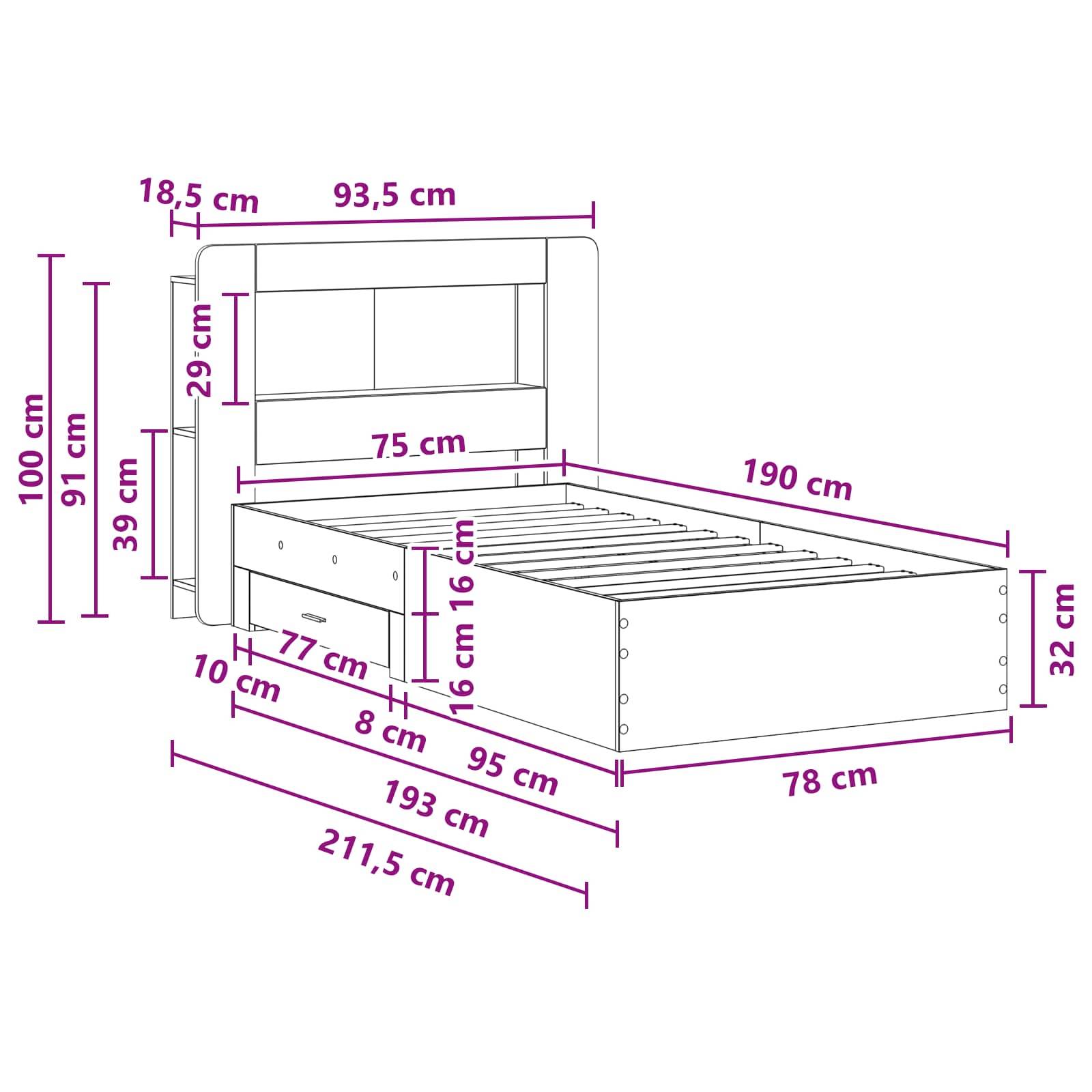 vidaXL Bettgestell mit Stauraum Schwarz 75 x 190 cm Holzwerkstoff
