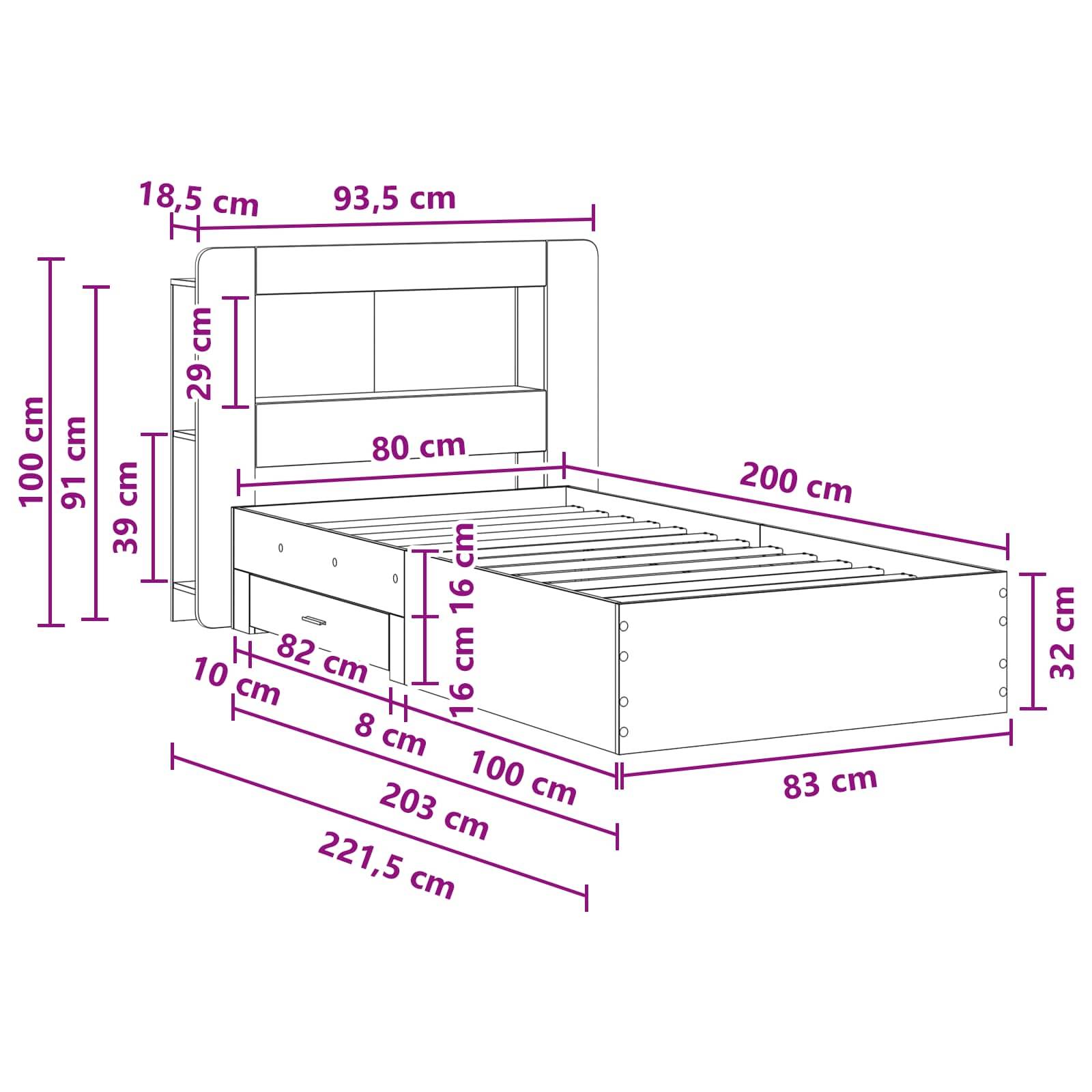 vidaXL Bettgestell mit Stauraum Grau Sonoma 80 x 200 cm Holzwerkstoff
