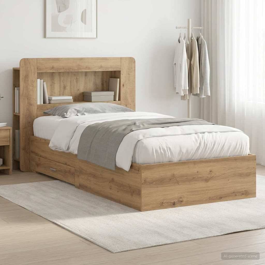 Holzbett mit integriertem Kopfteil-Regal in einem hellen, minimalistischen Schlafzimmer, ausgestattet mit weißer und grauer Bettwäsche.