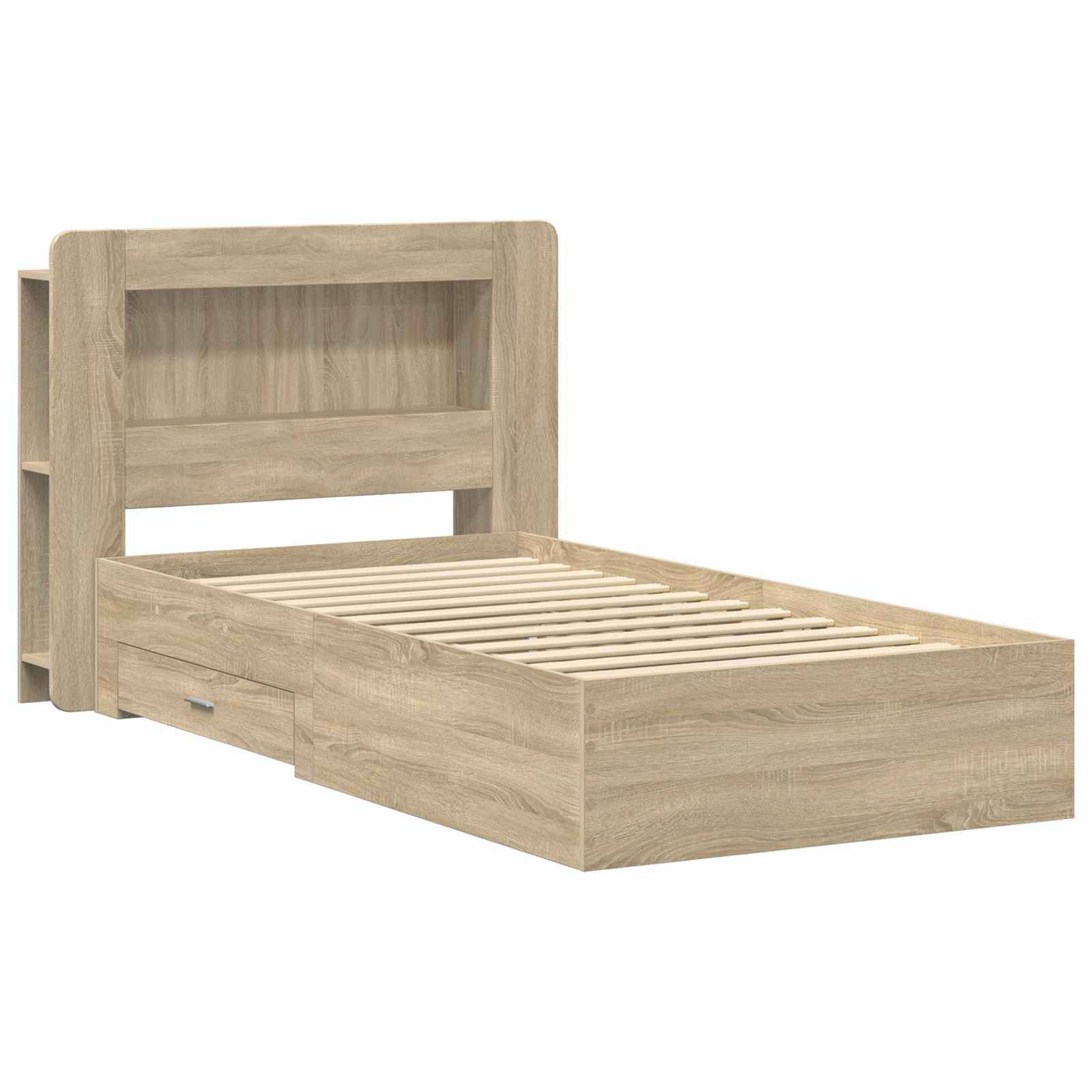 Helles Holzbettgestell mit Kopfteil und ausziehbarem Gästebett darunter, gezeigt vor weißem Hintergrund.