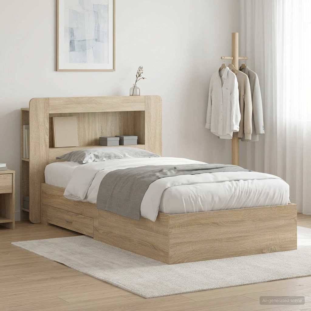 Modernes Einzelbett aus hellem Holz mit integriertem Kopfbrett-Regal und Schubladen, bezogen mit weiß-grauer Bettwäsche in einem hellen, minimalistischen Schlafzimmer.