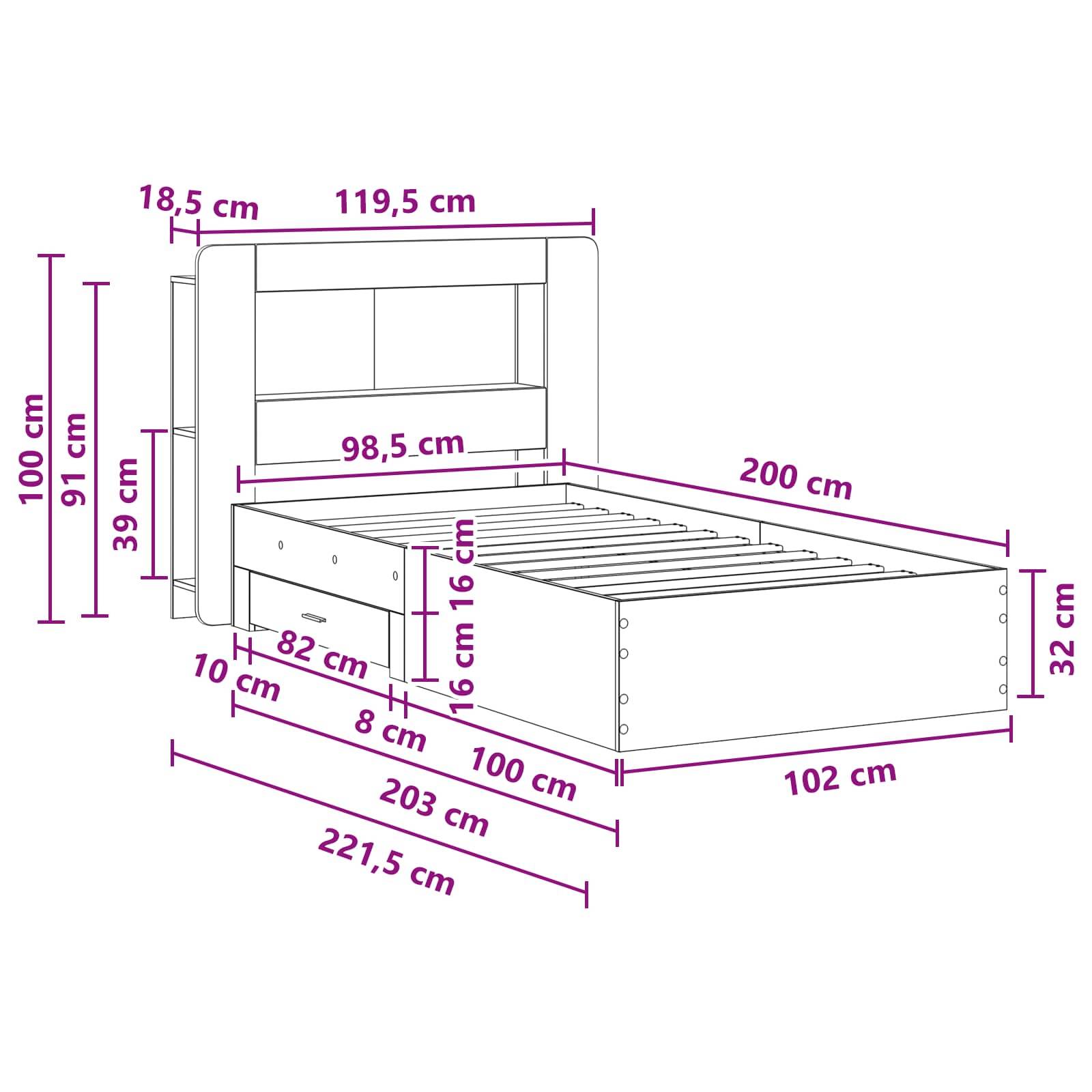 vidaXL Bettgestell mit Stauraum mit Kopfteil Sonoma-Eiche 100 x 200 cm