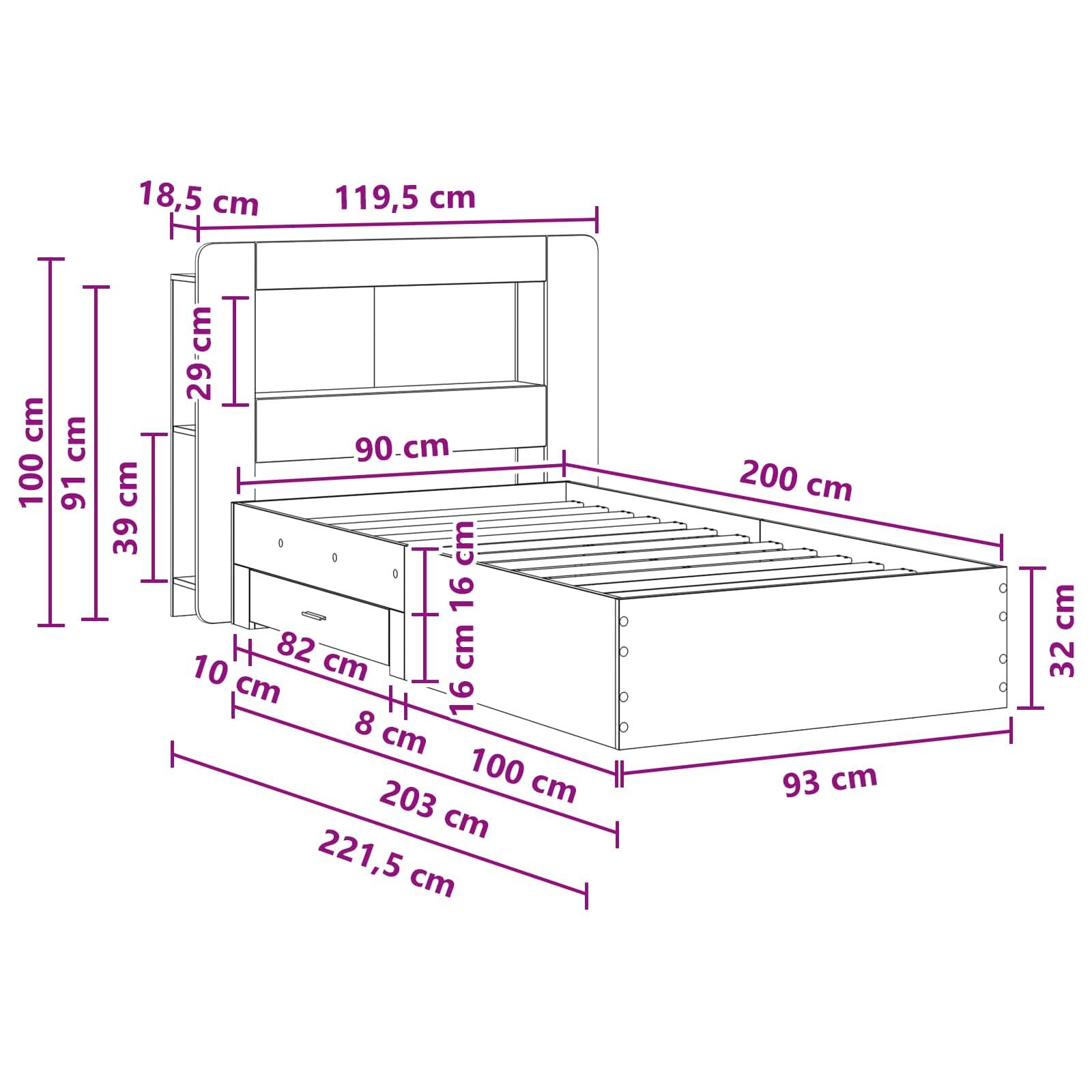 vidaXL Bettgestell mit Stauraum mit Kopfteil Artisan-Eiche 90 x 200 cm