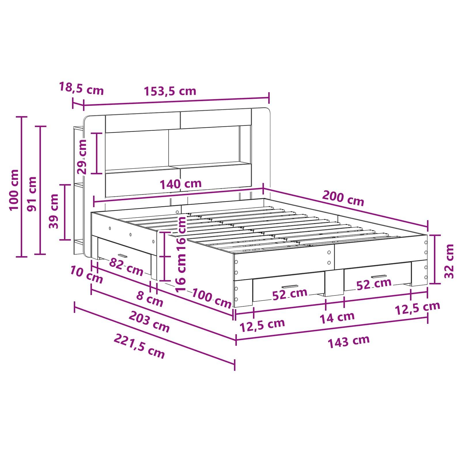 vidaXL Bettgestell mit Stauraum Grau Sonoma 140 x 200 cm Holzwerkstoff