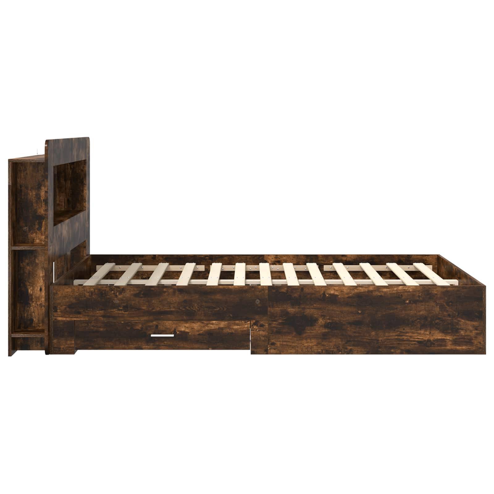 Holzbett mit Einzelbettgröße und Lattenrost mit integriertem Kopfteils-Regal, auf weißem Hintergrund dargestellt.