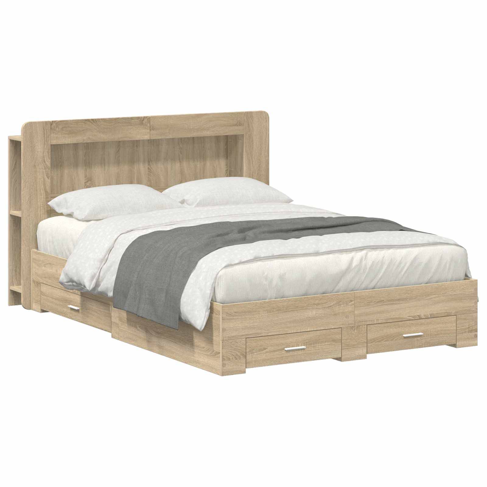 Holzbett mit Stauraum, Kopfteil und zwei vorderen Schubladen, bezogen mit weißer Bettwäsche und einer grauen Wurfdecke, vor weißem Hintergrund dargestellt.