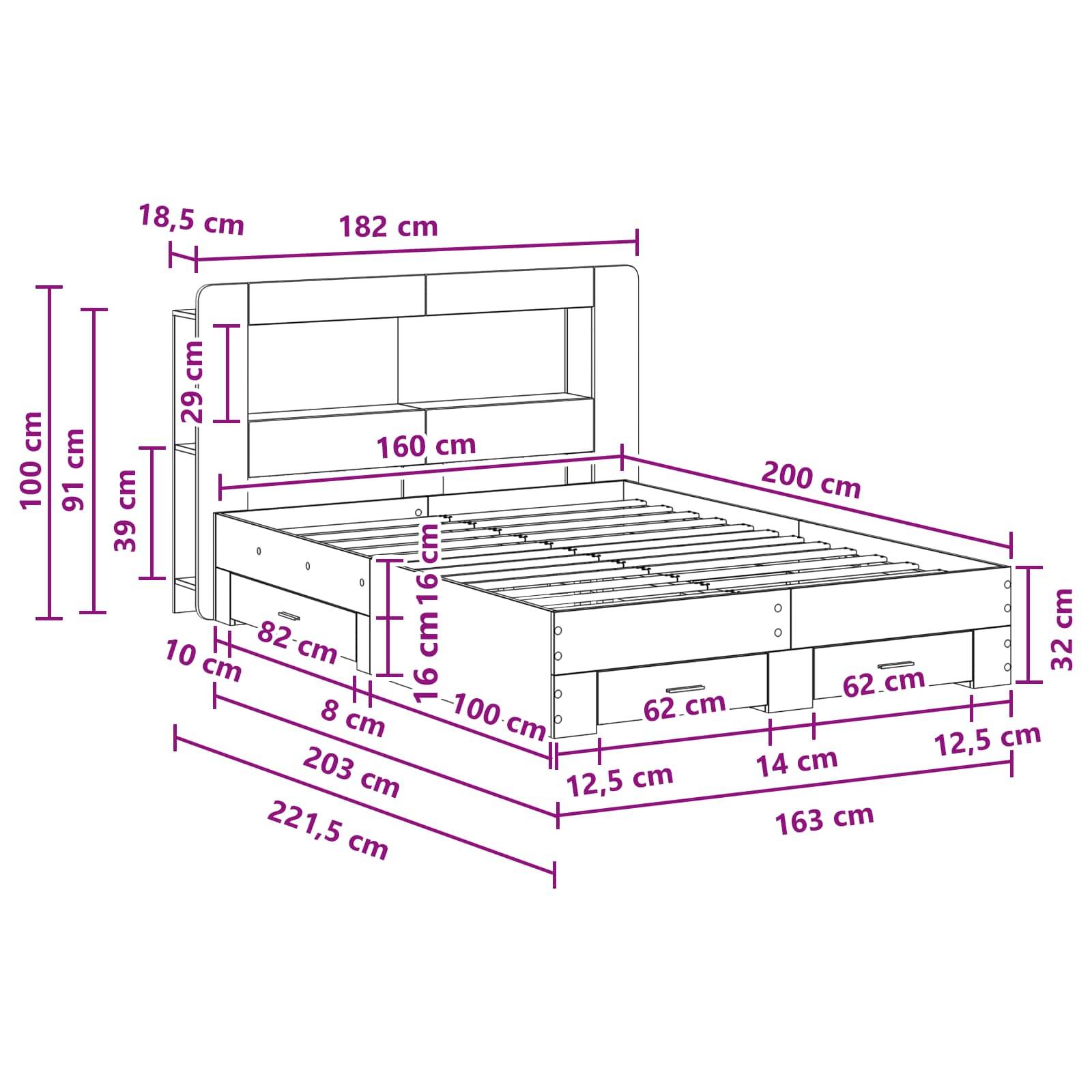 vidaXL Bettgestell mit Stauraum Grau Sonoma 160 x 200 cm Holzwerkstoff