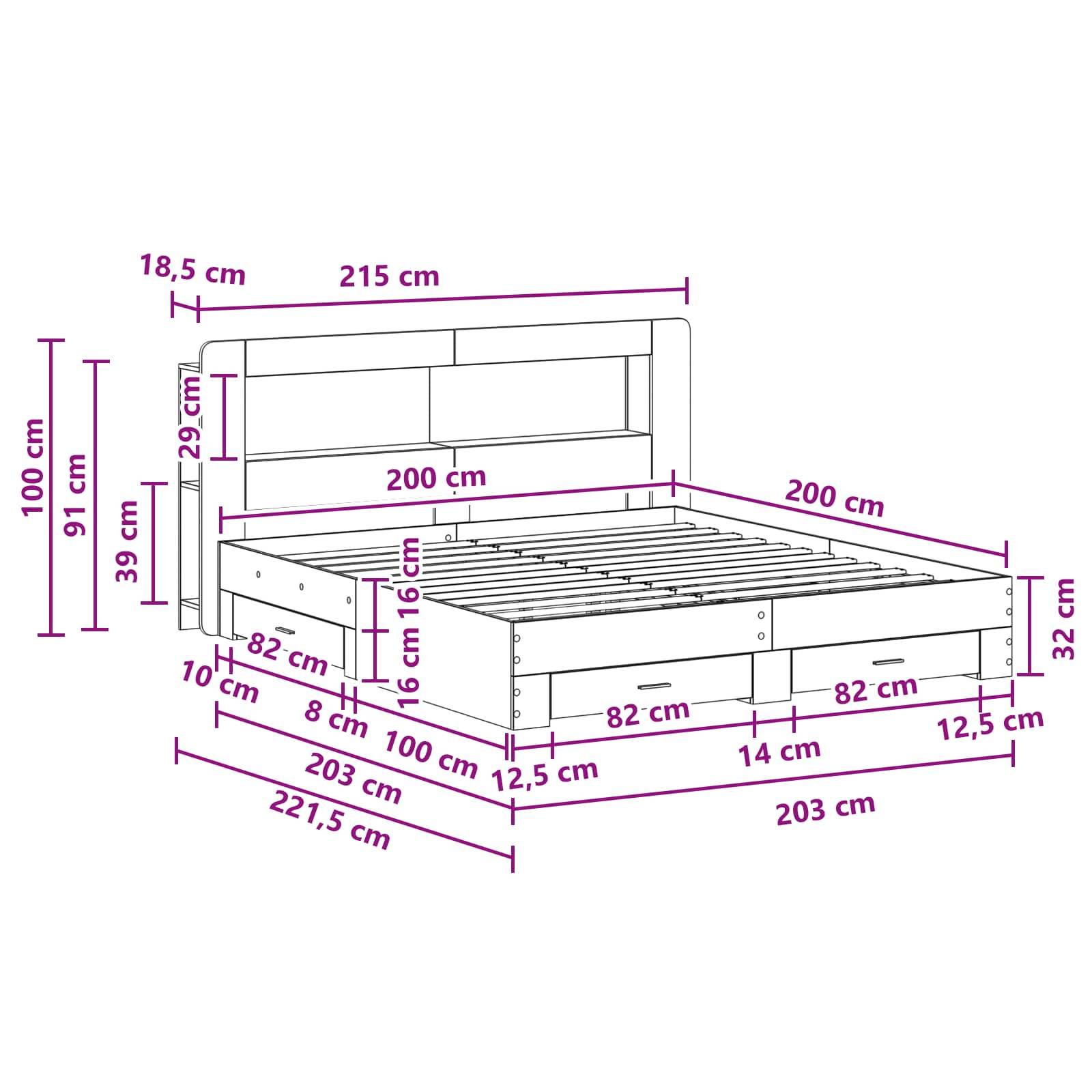 vidaXL Bettgestell mit Stauraum Betongrau 200 x 200 cm Holzwerkstoff