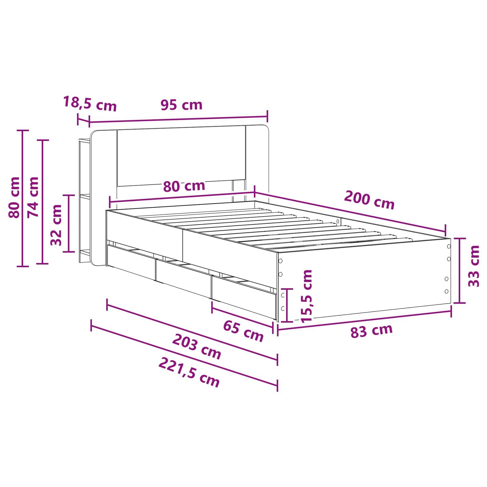 vidaXL Bettgestell mit Stauraum mit Kopfteil Artisan-Eiche 80 x 200 cm