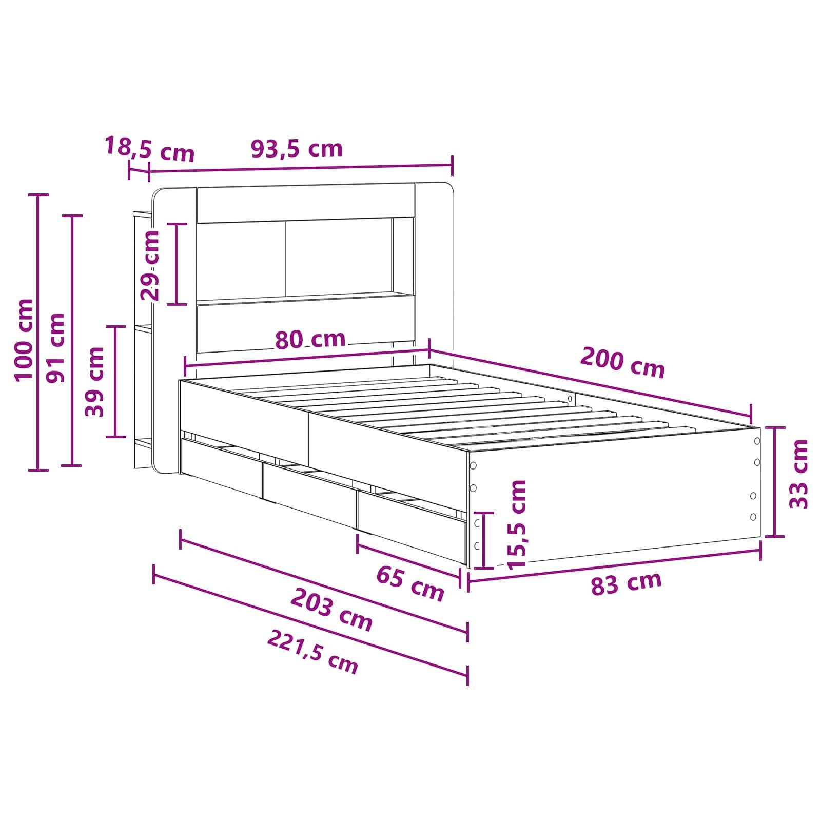 vidaXL Bettgestell mit Stauraum mit Kopfteil Artisan-Eiche 80 x 200 cm
