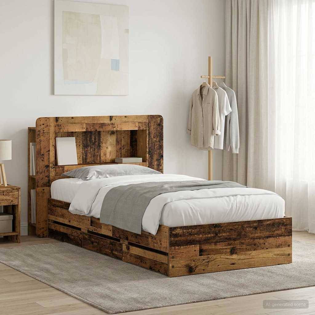 Rustikales Holzplattformbett mit weißer Bettwäsche in einem minimalistischen Schlafzimmer, neben einem Kleiderständer und raumhohen Vorhängen.