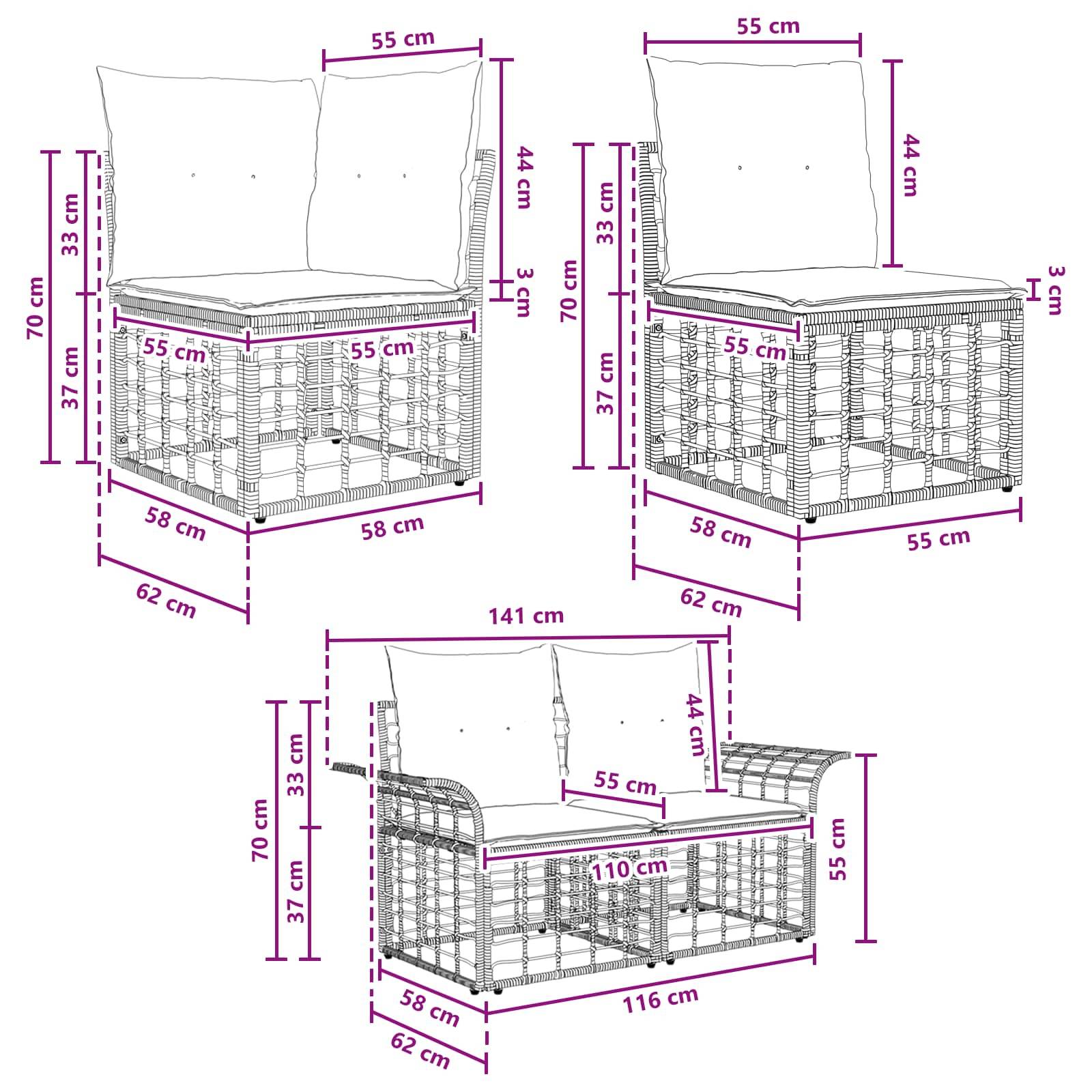vidaXL Outdoor-Sofagarnitur 8 pcs Schwarz und Dunkelgrau Polyester