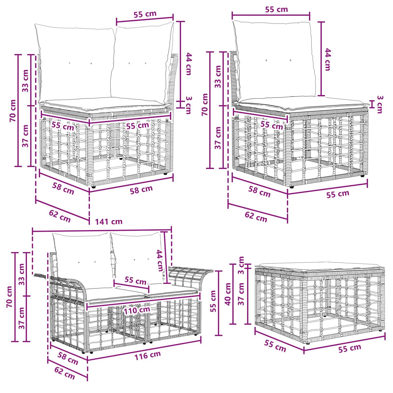 vidaXL Outdoor-Sofagarnitur 11 pcs Natürlich und Cremweiß Polyester