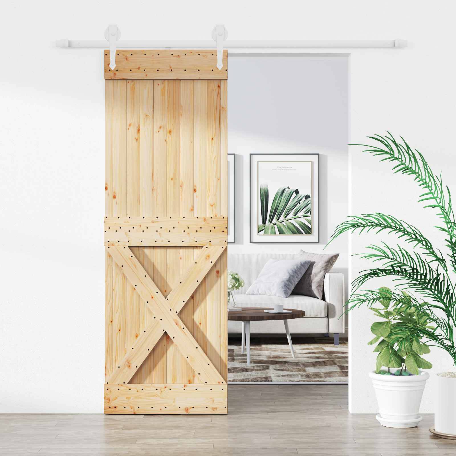 vidaXL Schiebetür Natürlich und Weiß 80 x 210 cm Massives Kiefernholz