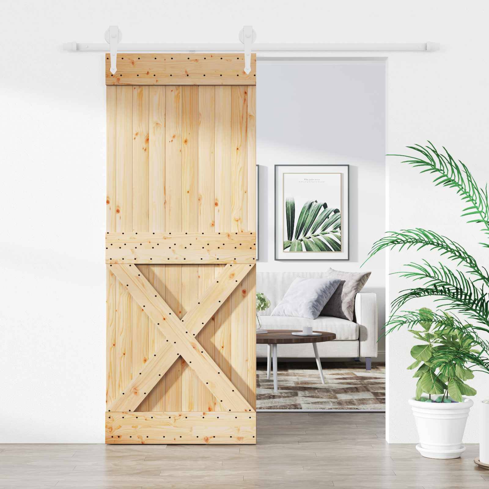 vidaXL Schiebetür Natürlich und Weiß 90 x 210 cm Massives Kiefernholz