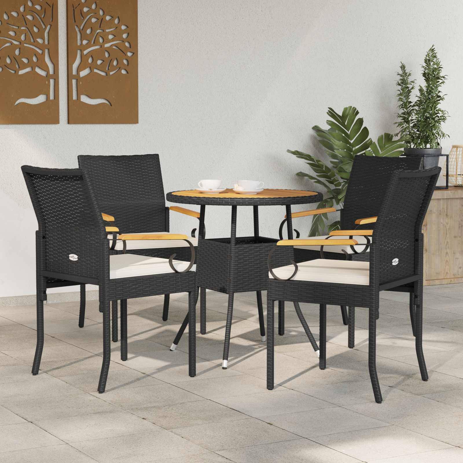 vidaXL Gartenstühle 4 pcs Schwarz und Cremeweiß Poly-Rattan und Akazie