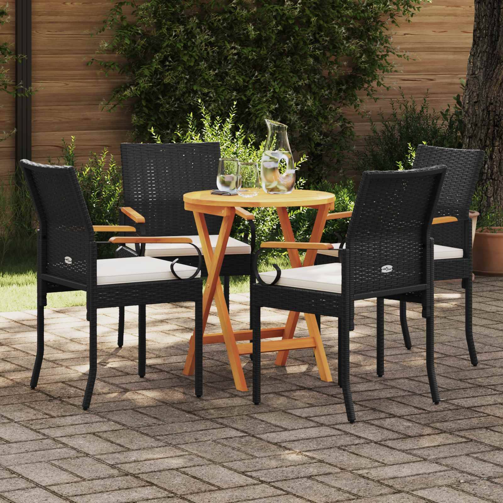 vidaXL Gartenstühle 4 pcs Schwarz und Cremeweiß Poly-Rattan und Akazie