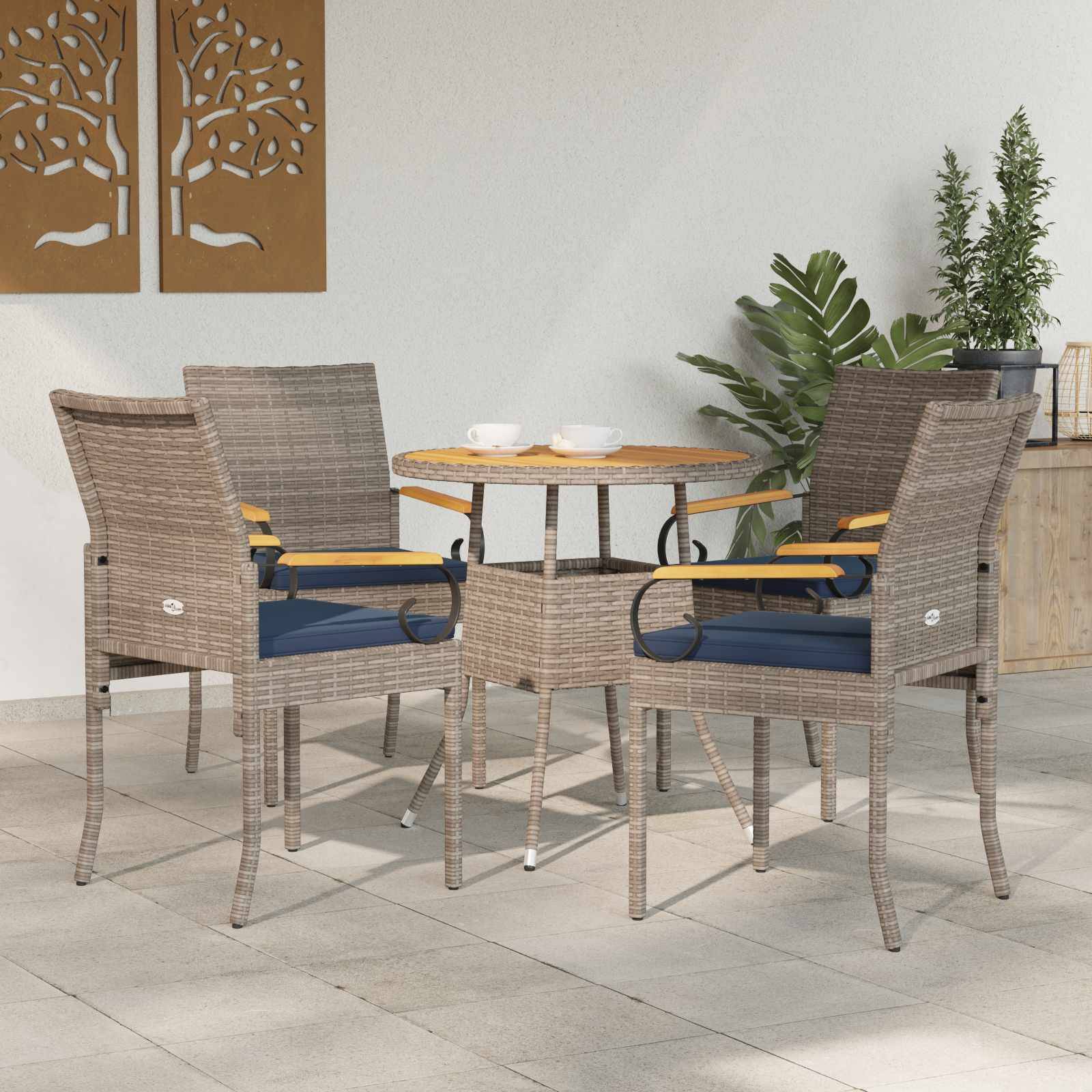 vidaXL Gartenstühle 4 pcs Grau und Marineblau Poly-Rattan und Akazie
