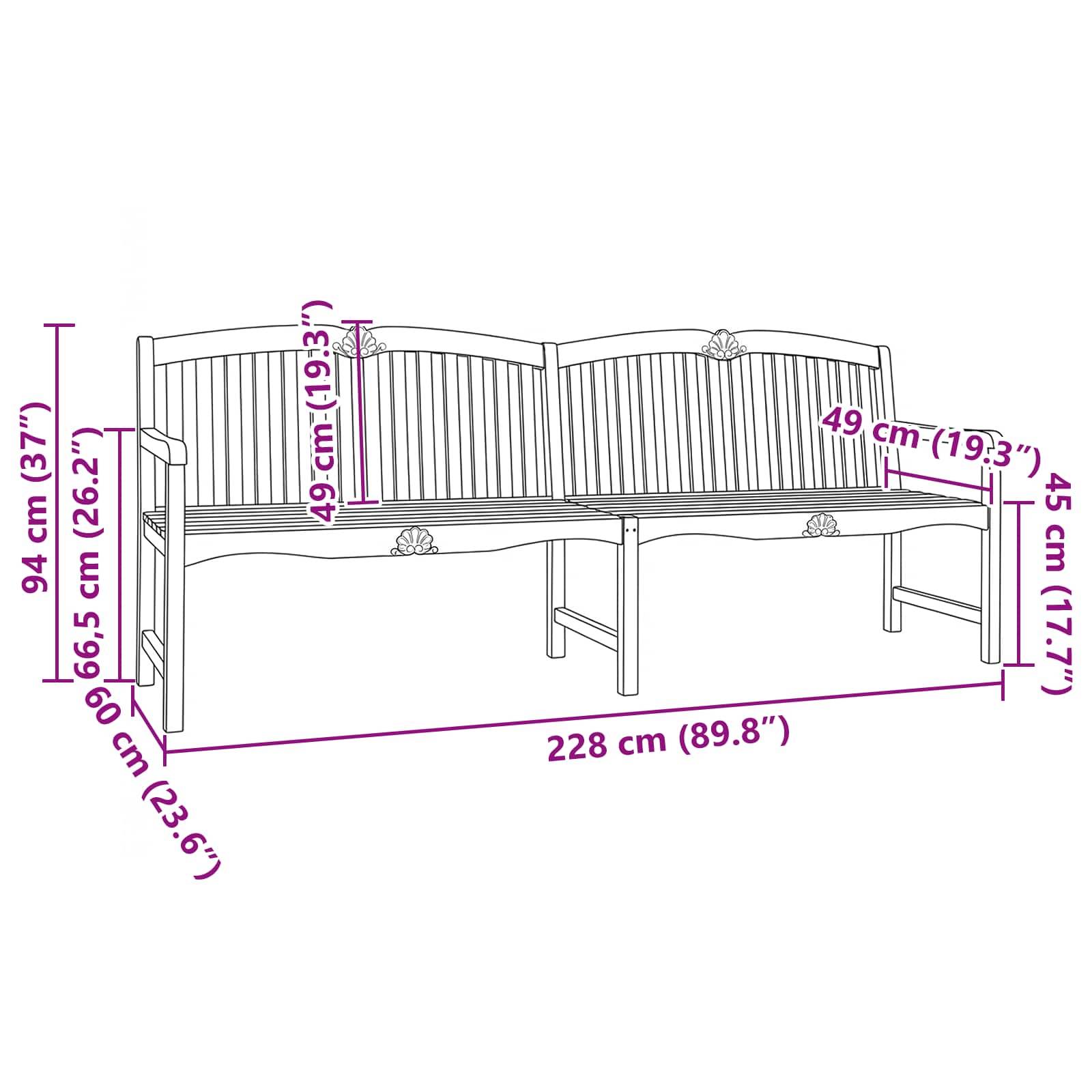 vidaXL Handgefertigte Rosenbank Natur 228 x 61 x 94,5 cm