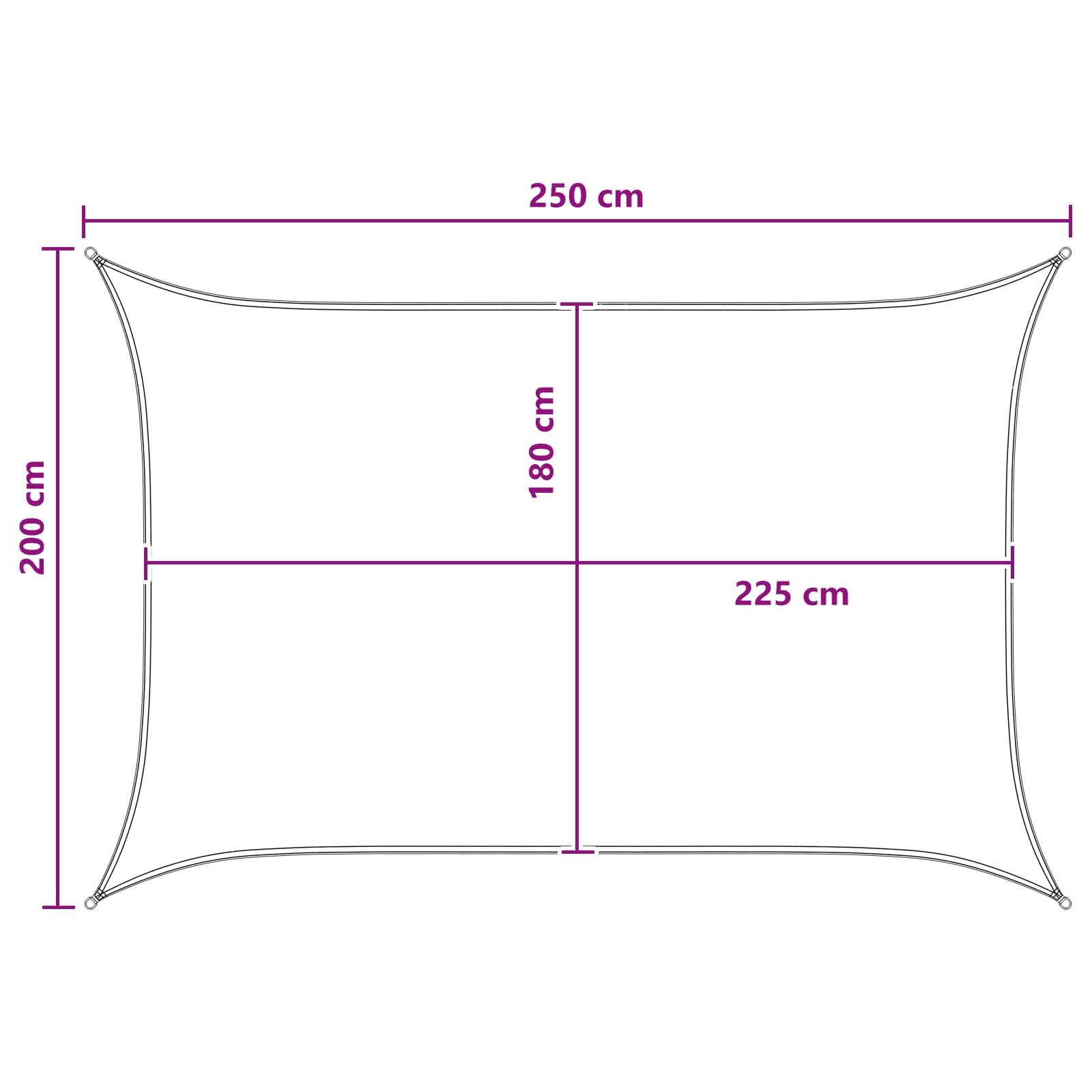 Diagramm eines gekrümmten rechteckigen Baldachins mit Abmessungen: 250 cm breit, 200 cm hoch, 180 cm Mittelhöhe und 225 cm seitliche Spannweite.