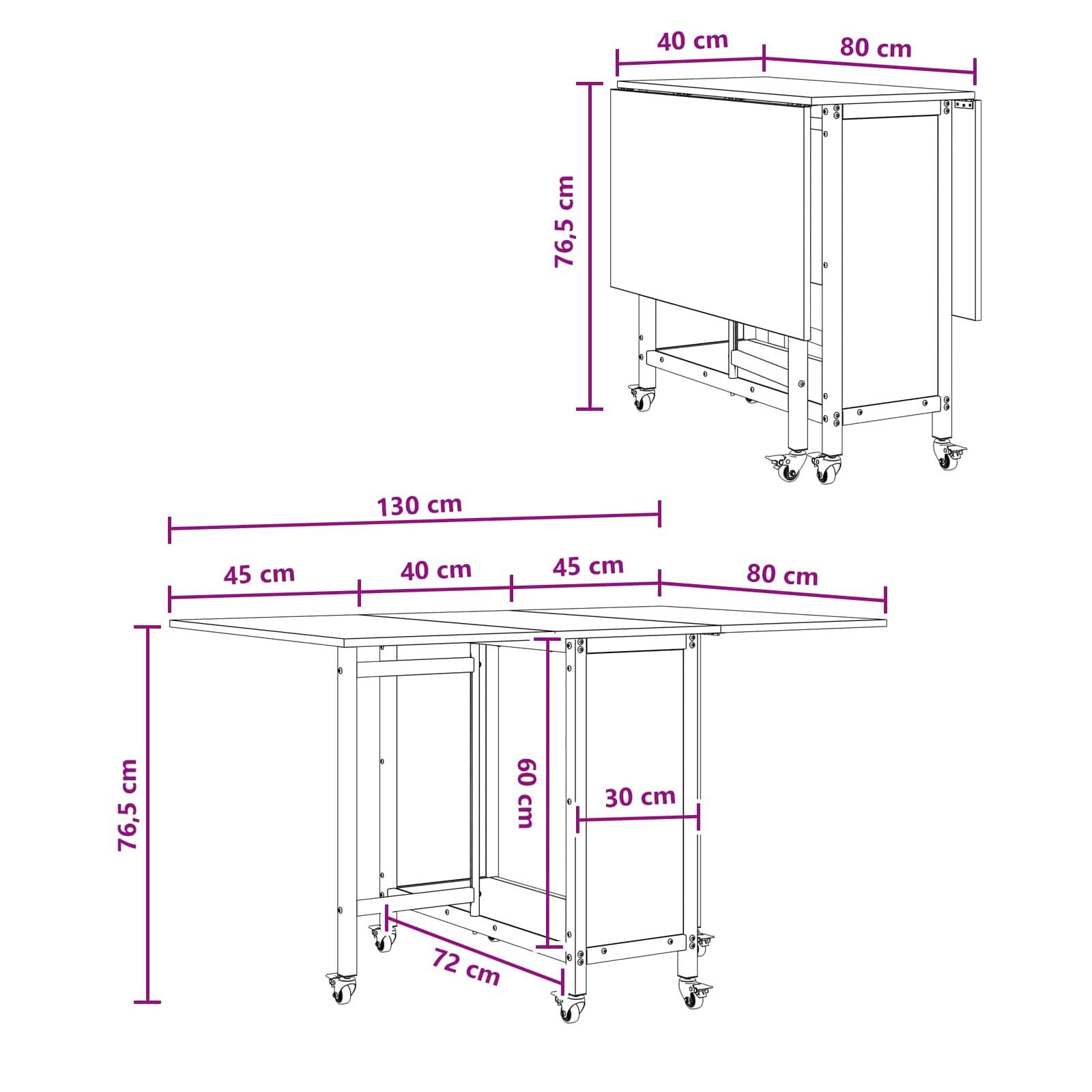 vidaXL Faltbarer Esstisch mit Rollen 130 x 80 x 76,5 cm Holzwerkstoff