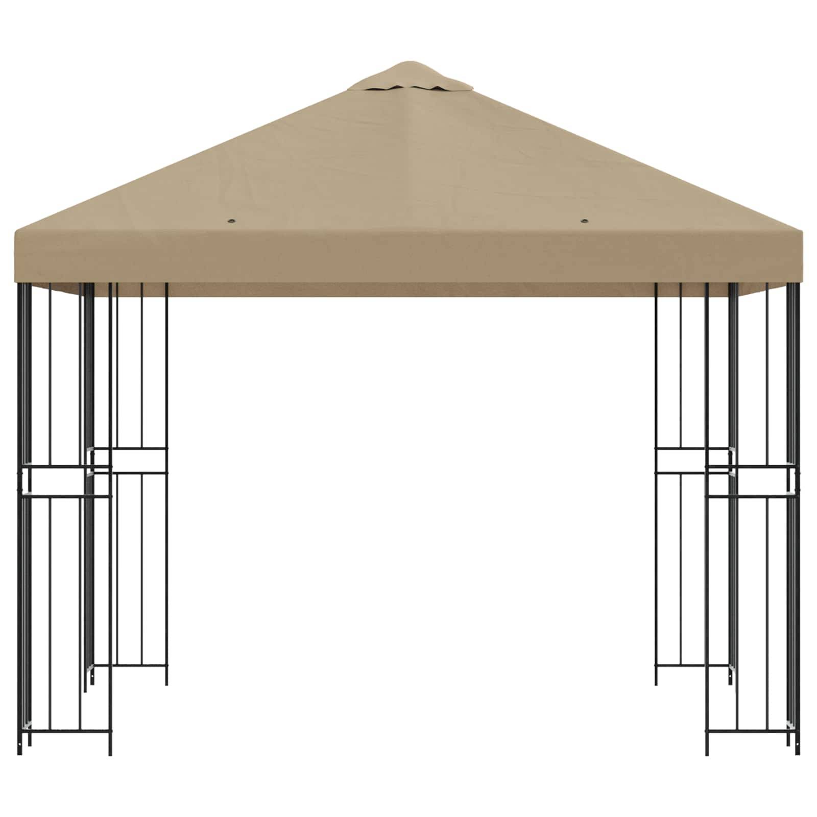 Beiger Terrassenpavillon mit schwarzem Metallrahmen und offenen Seiten, vor weißem Hintergrund abgebildet.
