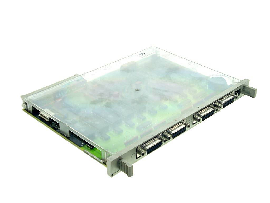 Ein transparentes Elektronikmodul bzw. eine Leiterplattenbaugruppe mit mehreren Steckverbindern entlang einer Seite, dargestellt auf weißem Hintergrund.