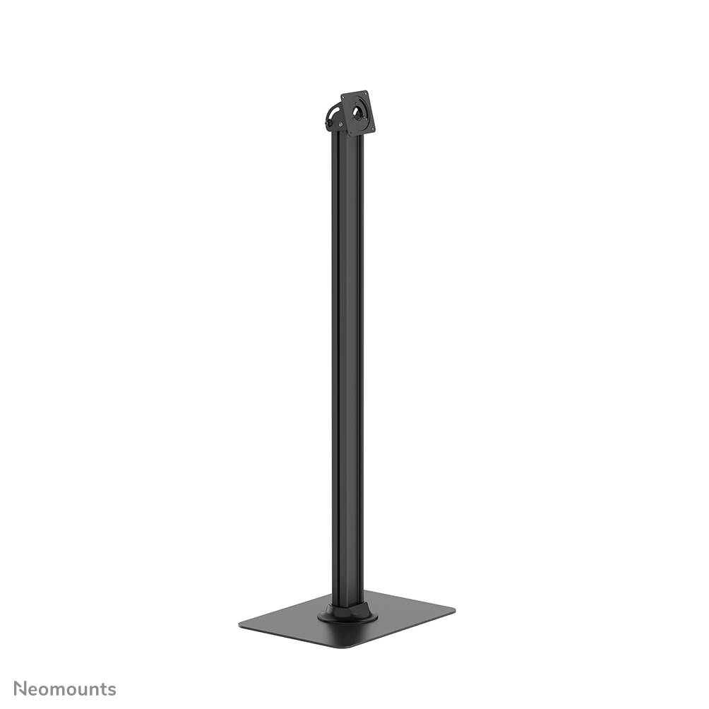 Schwarzes verstellbares Monitorständer mit quadratischer Basis und hohem vertikalen Pfosten, gezeigt auf weißem Hintergrund.