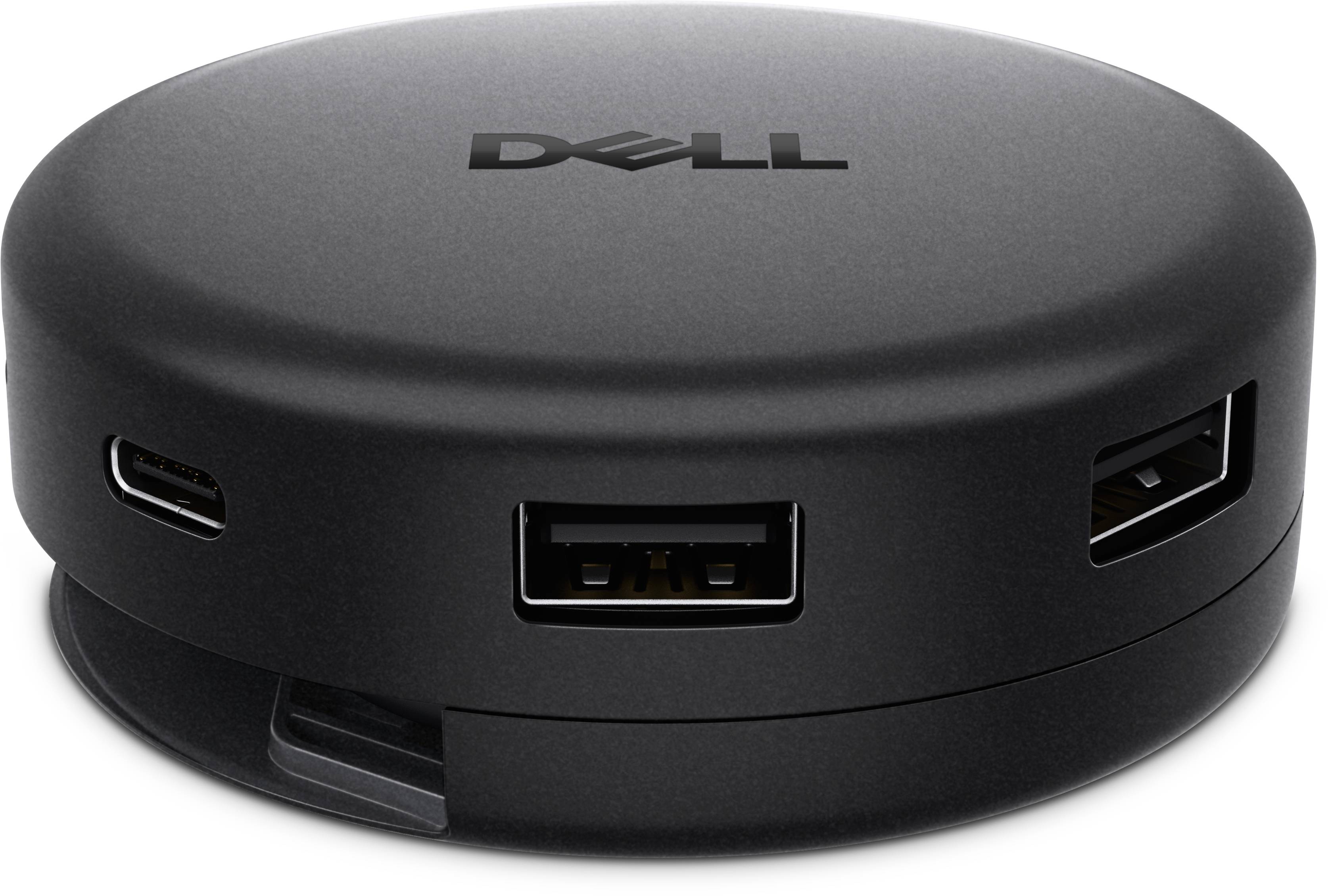 Schwarze Dell-Dockingstation mit runden Formen mit USB-C-, USB-A- und HDMI-ähnlichen Anschlüssen, die auf der Vorder- und Seite sichtbar sind.