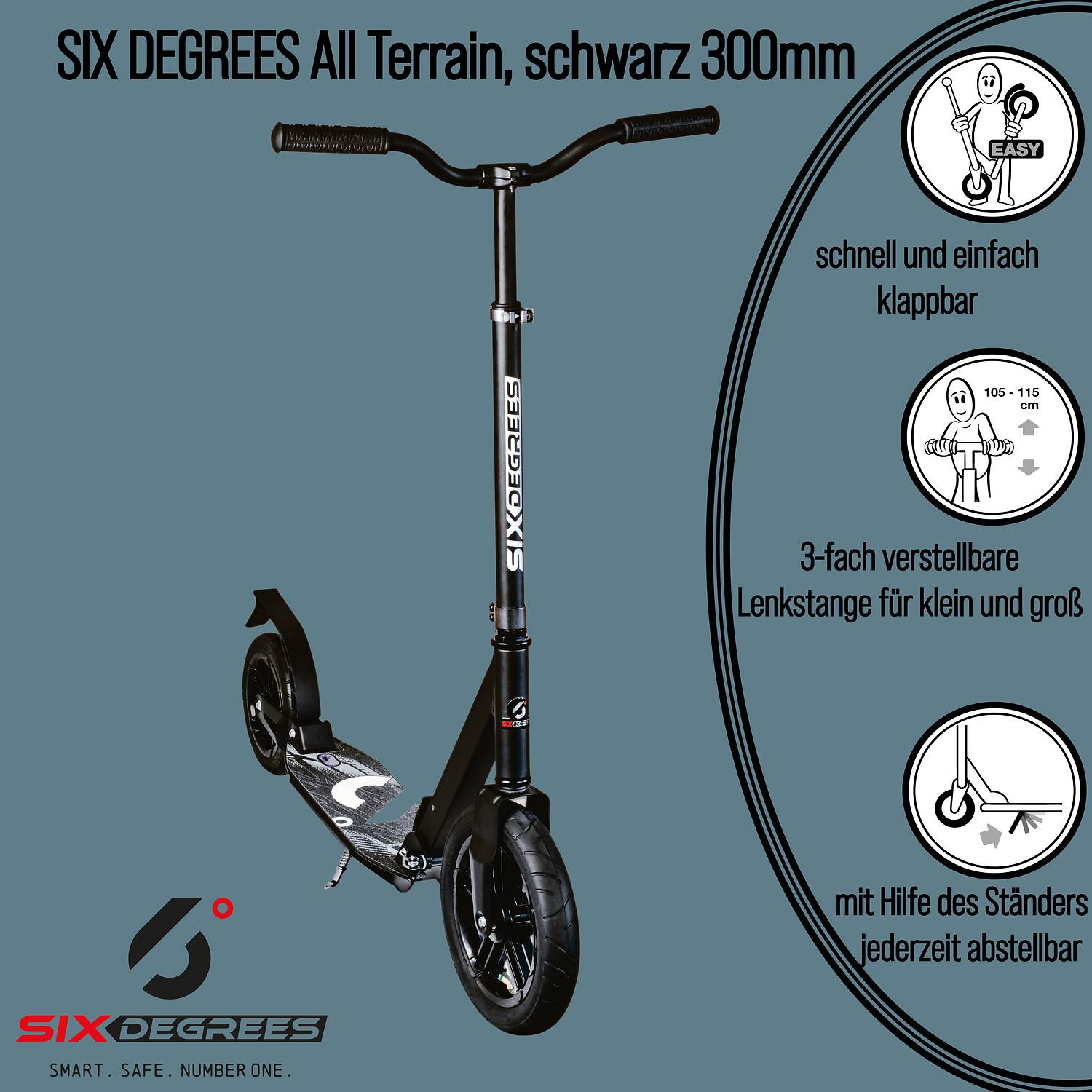 SIX DEGREES Aluminium Scooter All Terrain 300/205 mm schwarz