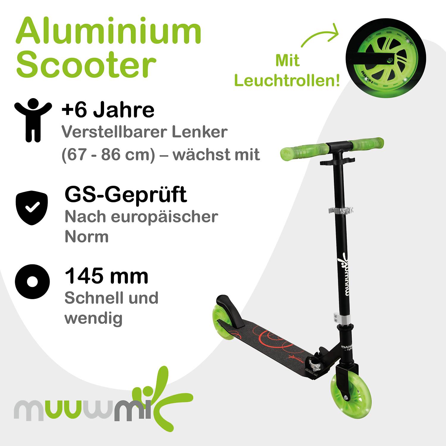 muuwmi Lights Aluminium Scooter GLOW 145 mm, mit Leuchtrollen und Glow-Effekt