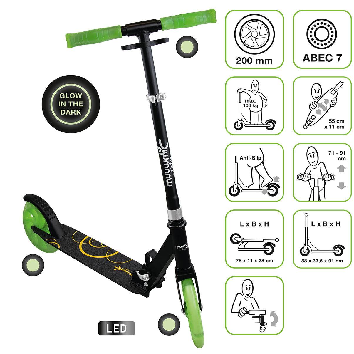muuwmi Lights Aluminium Scooter GLOW 200 mm, mit Leuchtrollen und Glow-Effekt