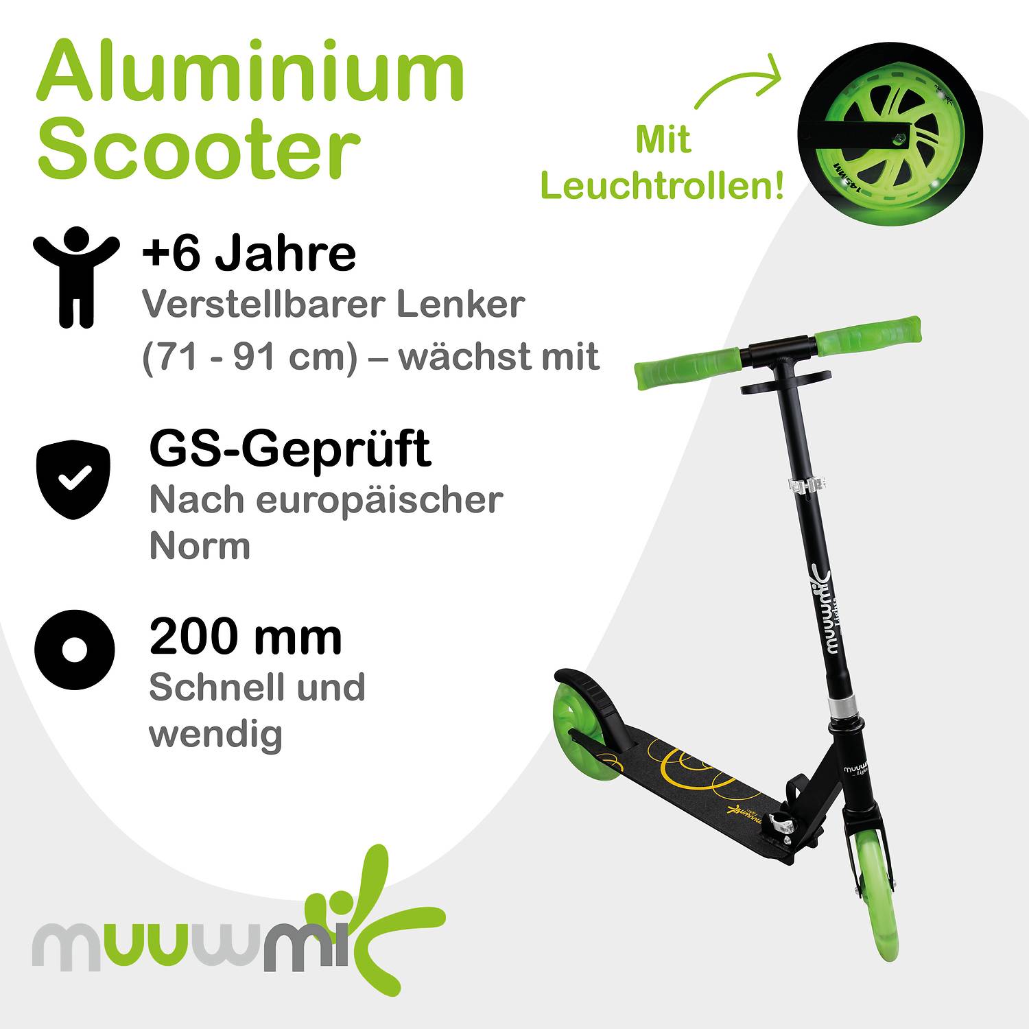 muuwmi Lights Aluminium Scooter GLOW 200 mm, mit Leuchtrollen und Glow-Effekt