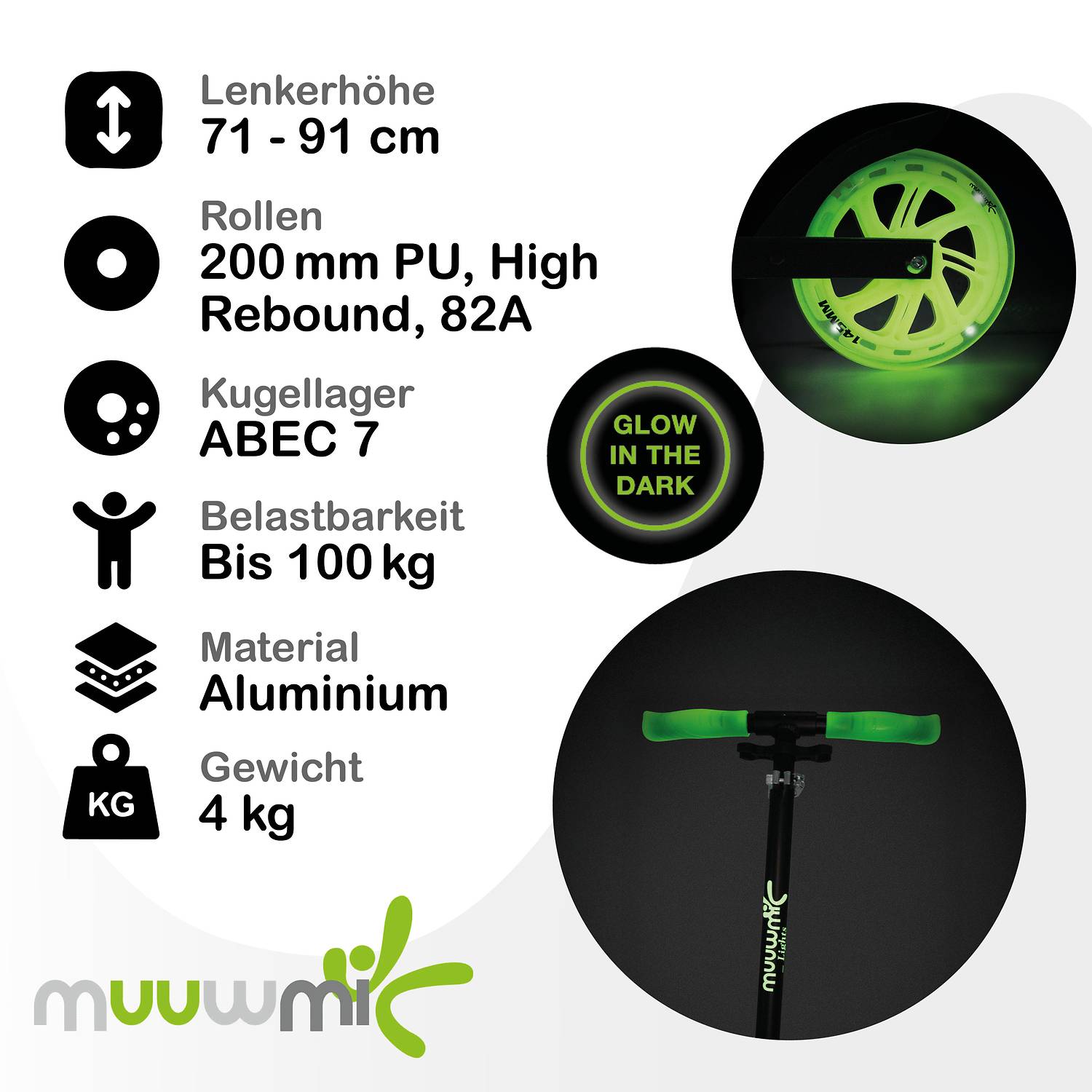 muuwmi Lights Aluminium Scooter GLOW 200 mm, mit Leuchtrollen und Glow-Effekt